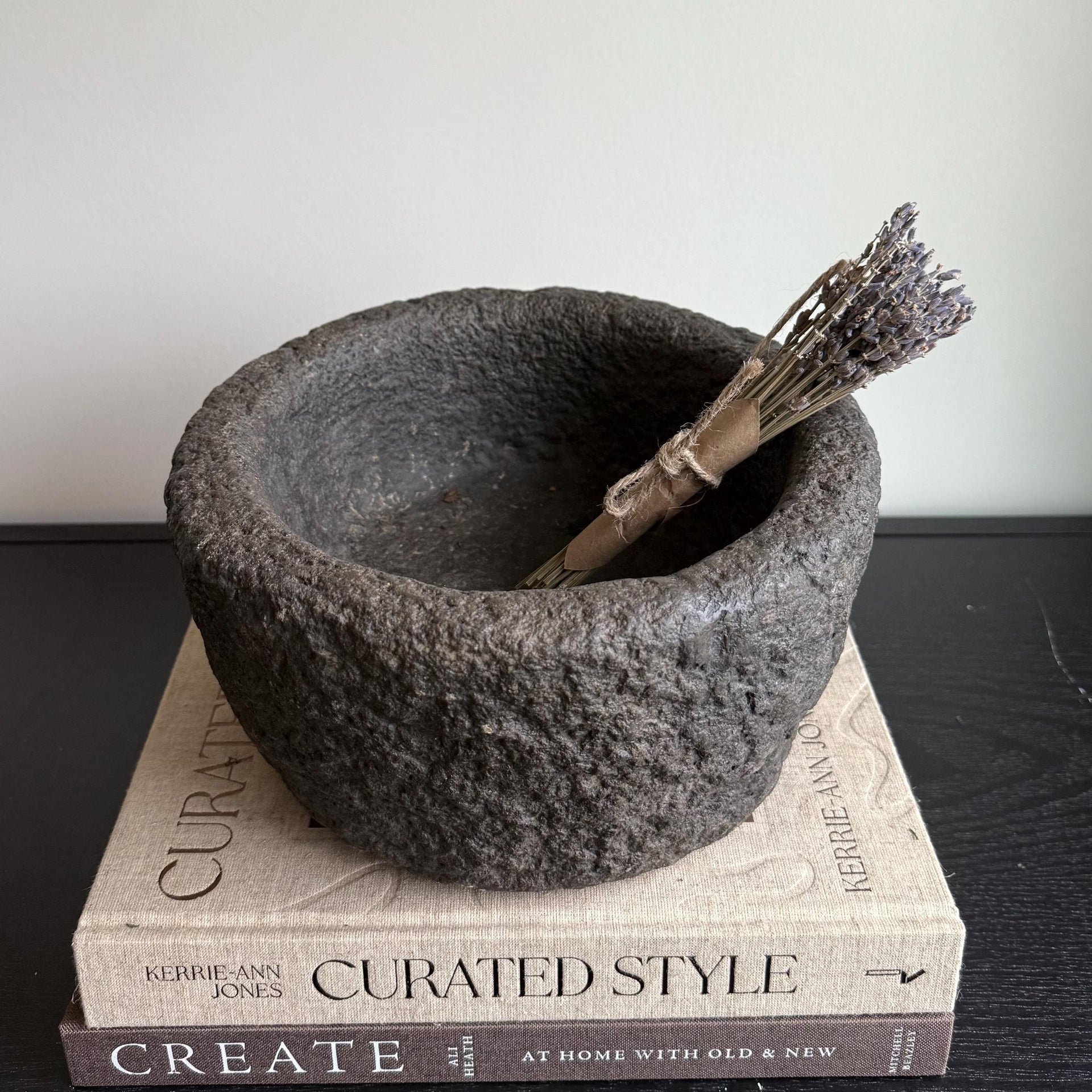 Antique Heavy Stone Mortar Planter | Vintage Hand-Carved Limestone Bowl
