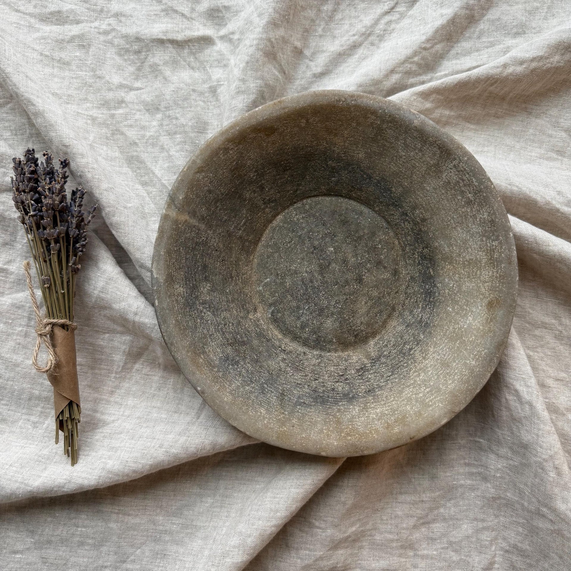 Vintage Hand-Carved Stone Bowl 9.2" | Rustic Marble Catchall Dish