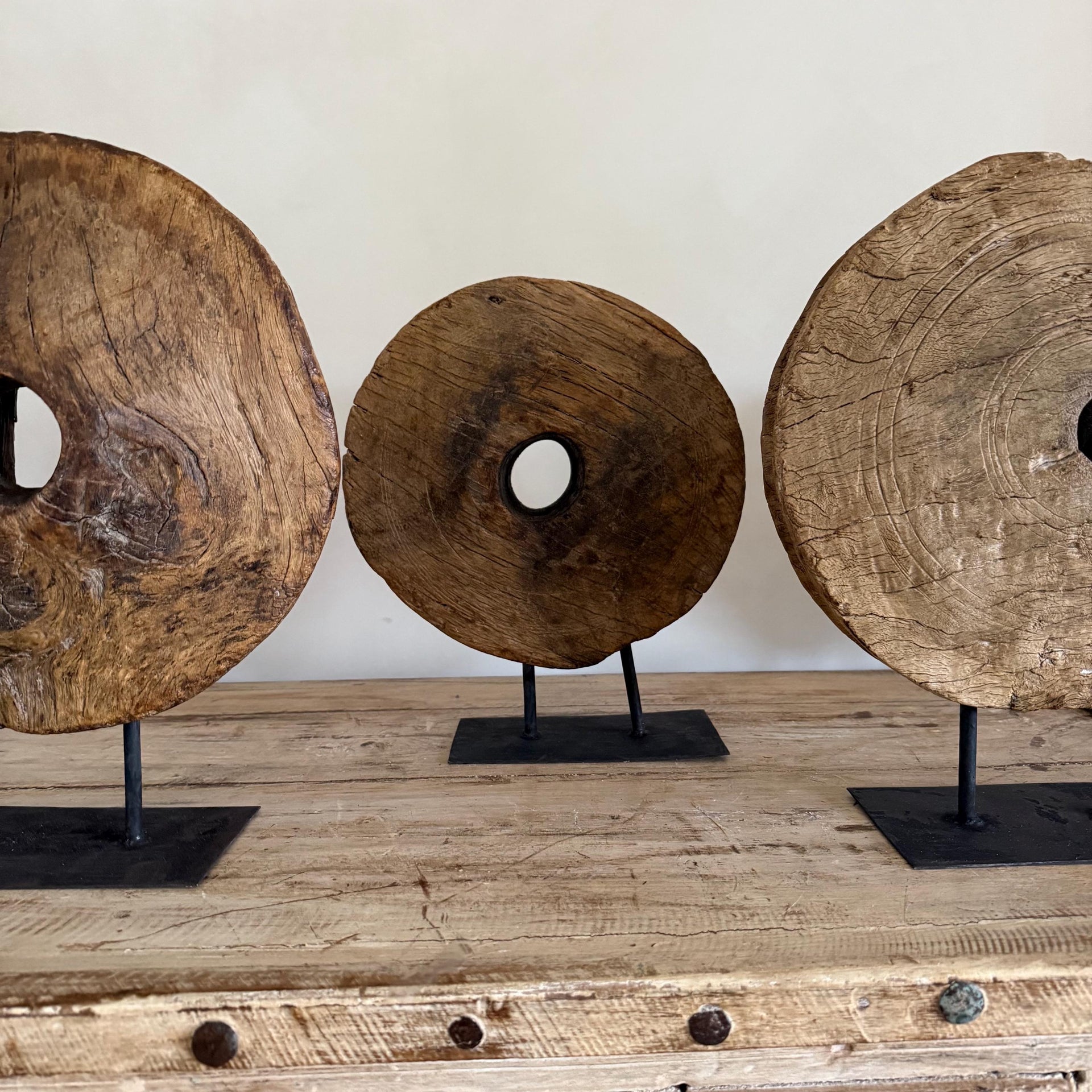 Vintage Wooden Pulley wheel on stand