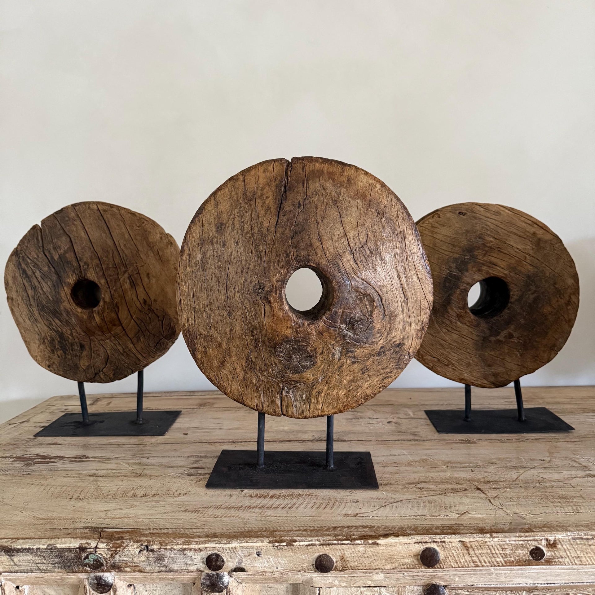 Vintage Wooden Pulley wheel on stand