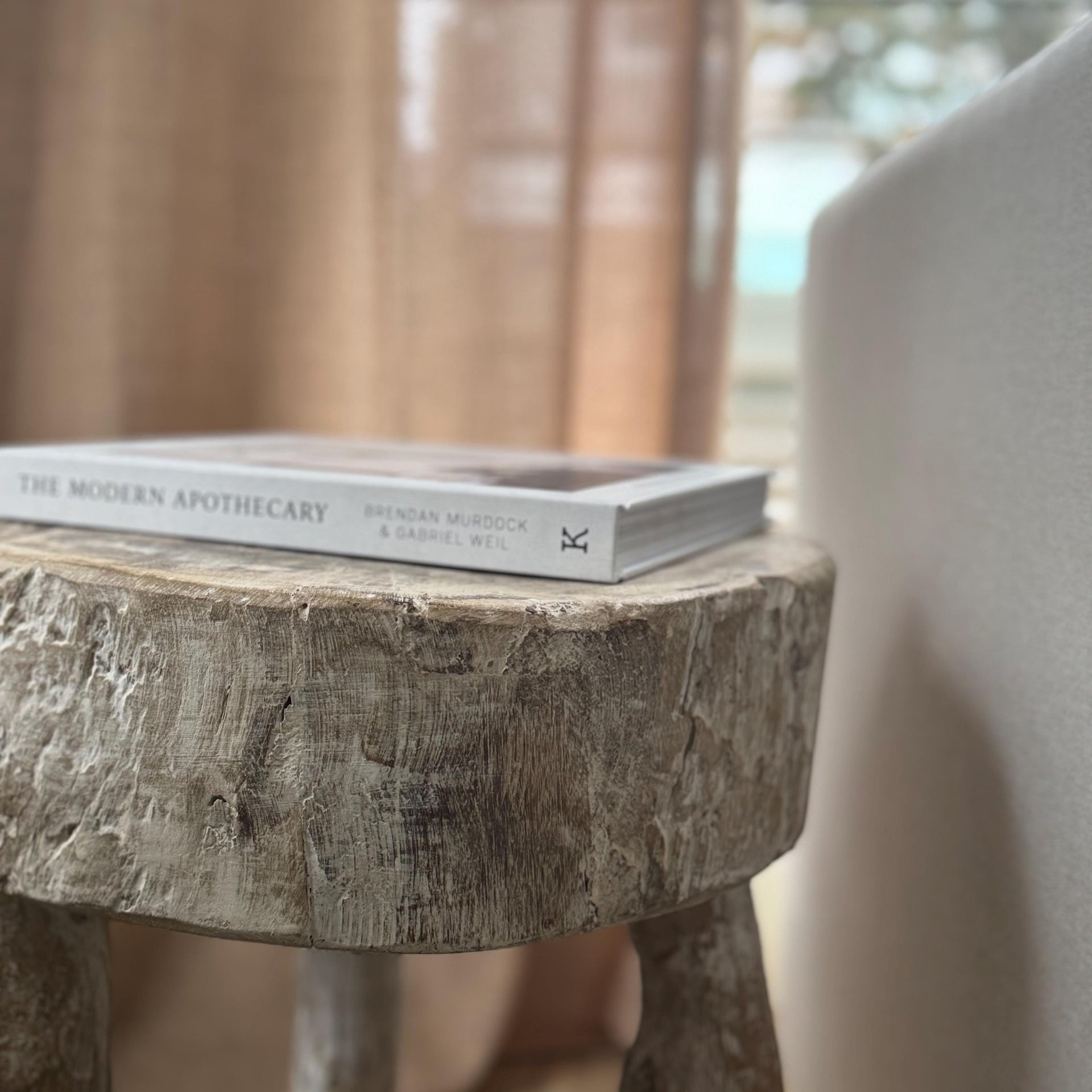 Teak Wood Tripod Stool, Distressed Live Edge, 4 Thick Round Top, Rustic Bathroom Stool, Minimalist Plant Stand, Wooden Side Table - Project Kalaā