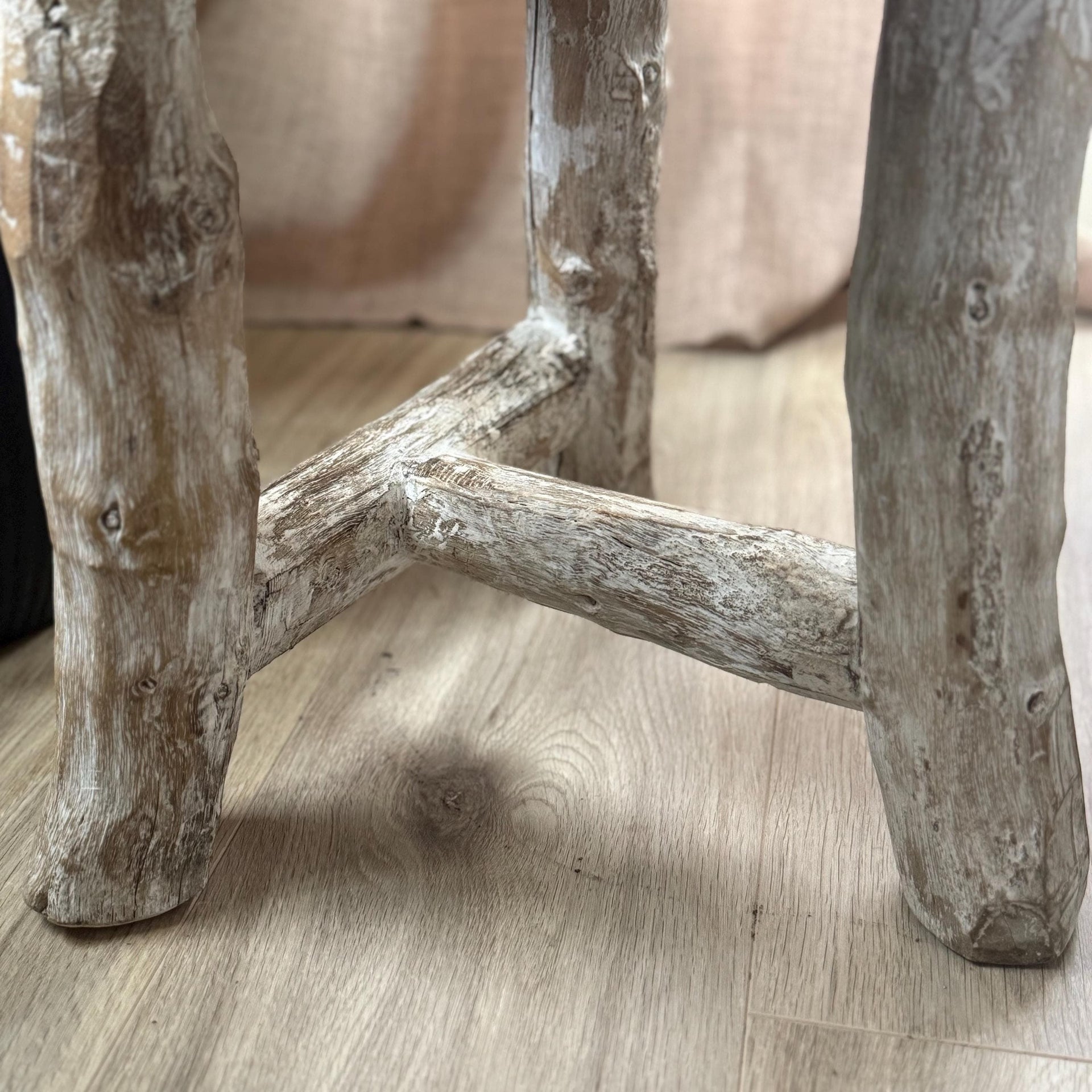 Teak Wood Tripod Stool, Distressed Live Edge, 4 Thick Round Top, Rustic Bathroom Stool, Minimalist Plant Stand, Wooden Side Table - Project Kalaā