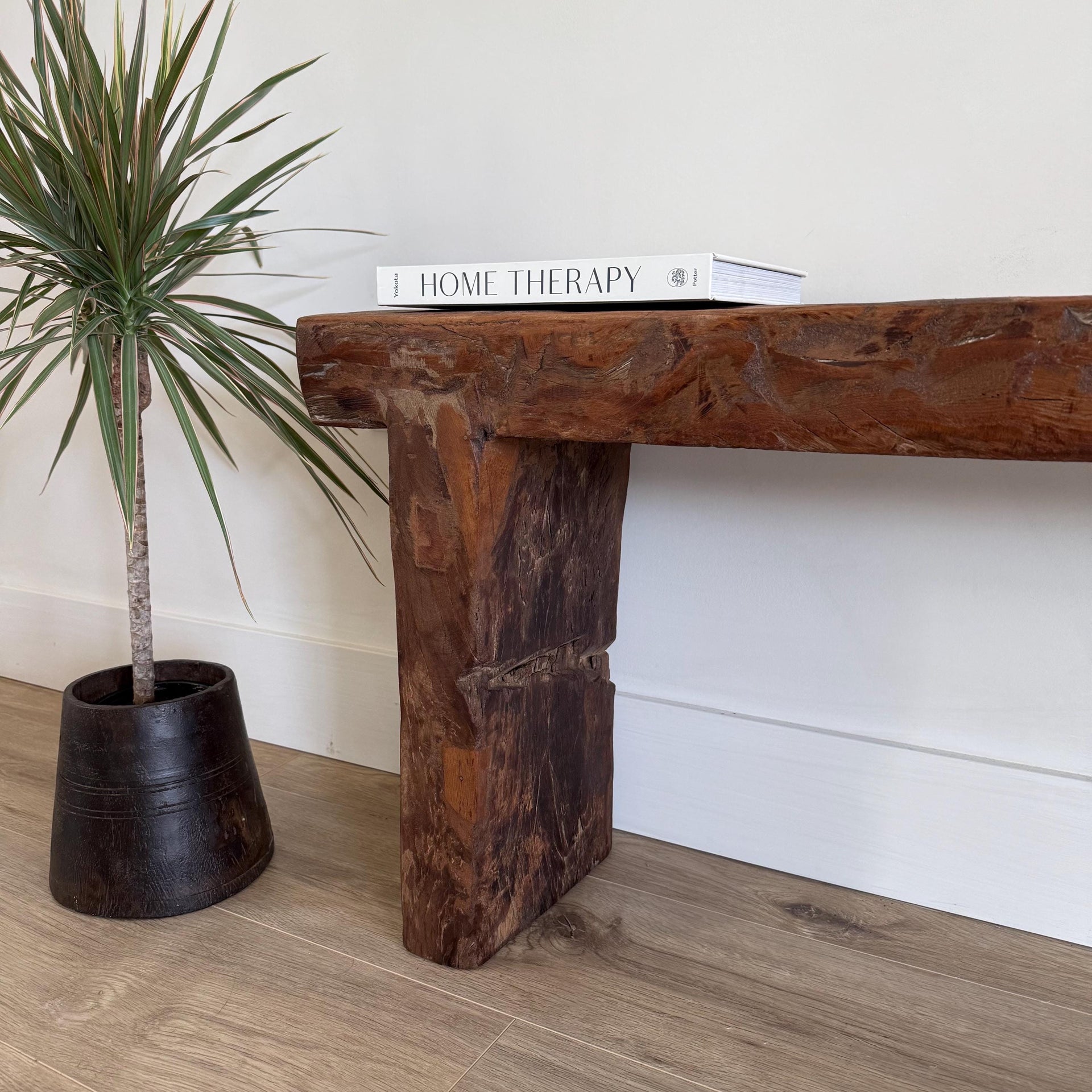 Vintage Teak Slab Farmhouse Bench  Handmade Heavy Wood Hallway Entryway Sofa Table