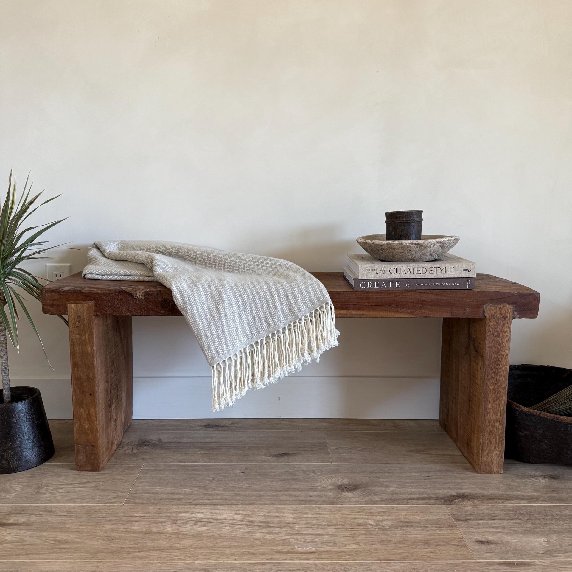 Vintage Teak Slab Farmhouse Bench  Handmade Heavy Wood Hallway Entryway Sofa Table - Project Kalaā