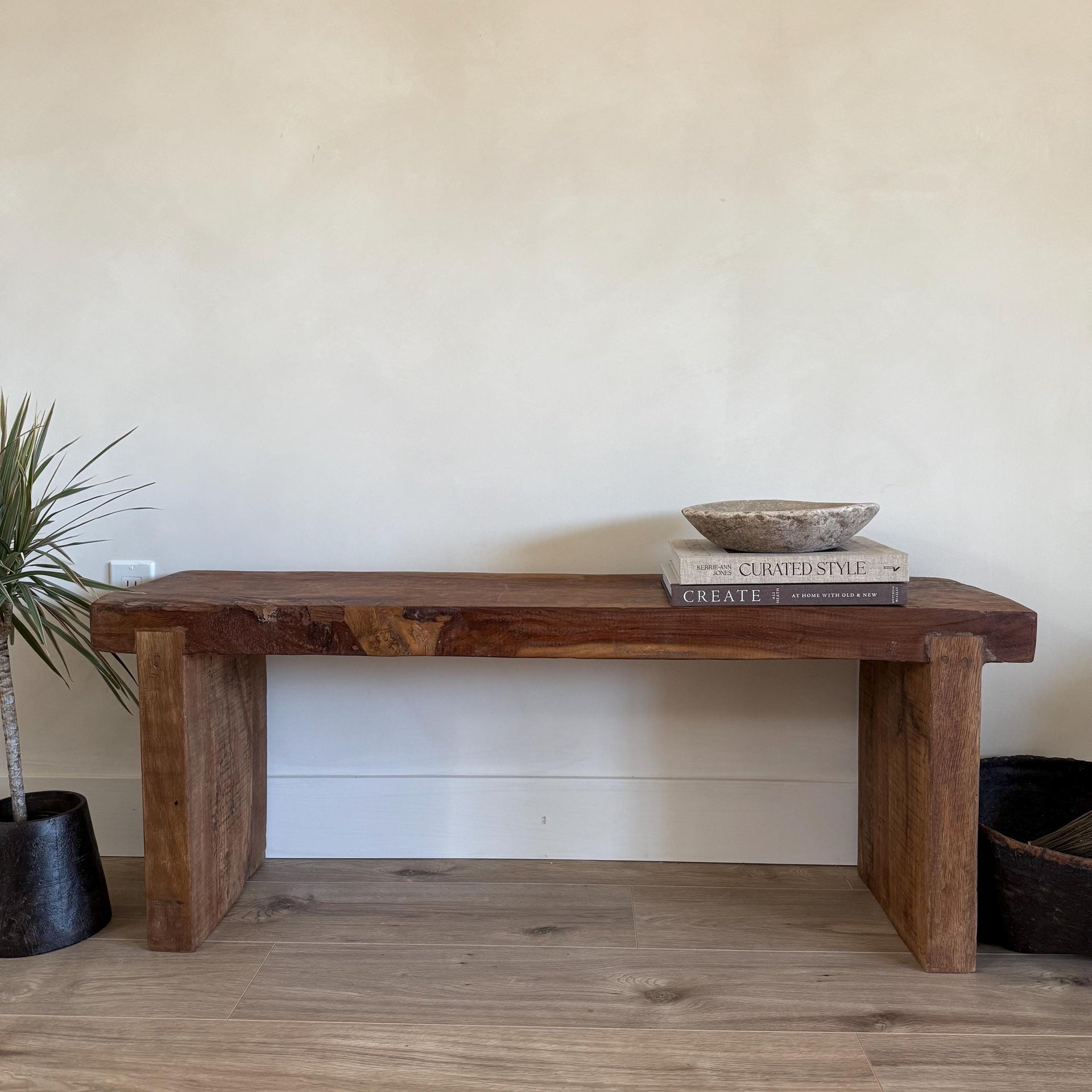 Vintage Teak Slab Farmhouse Bench  Handmade Heavy Wood Hallway Entryway Sofa Table