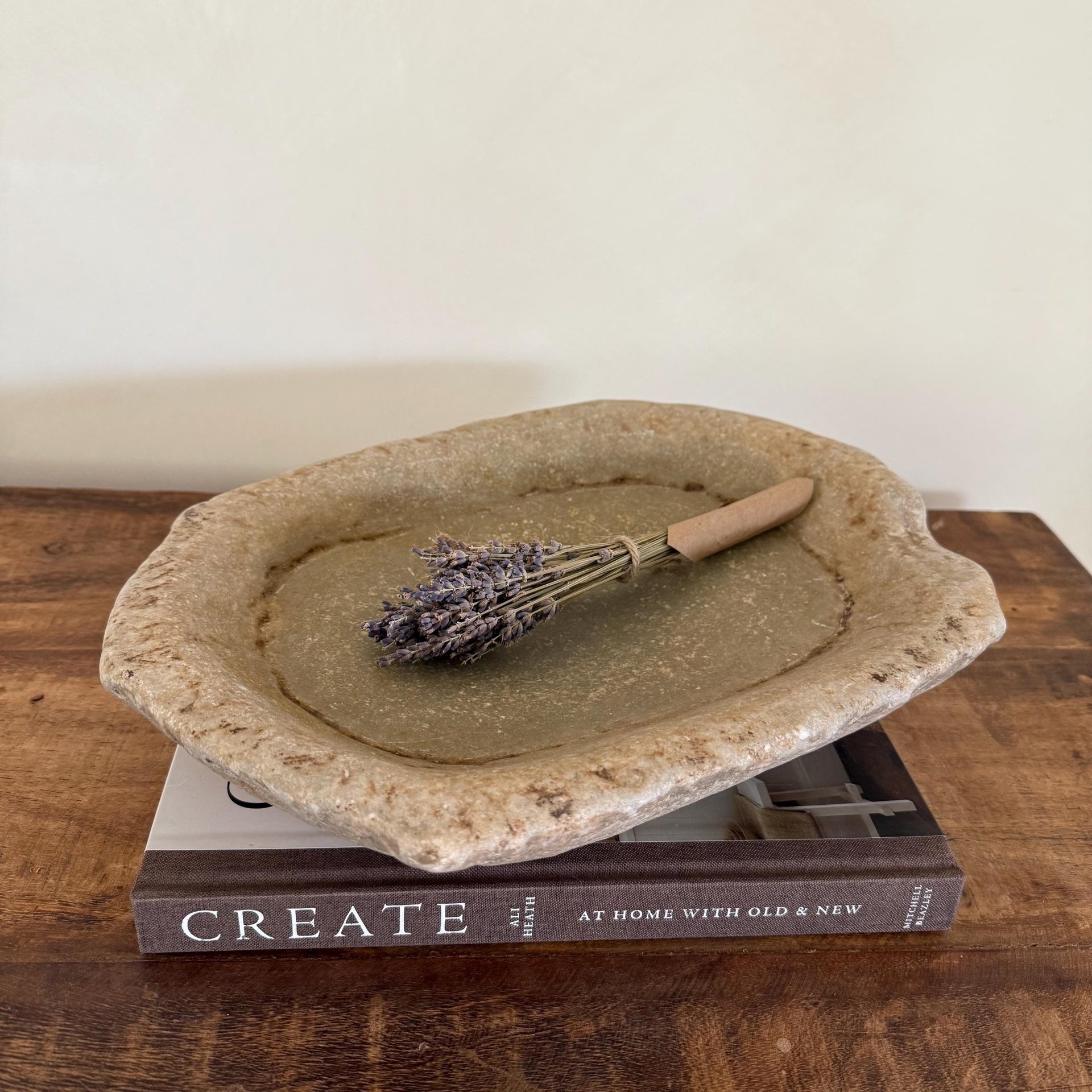 Vintage Marble Kharal Stone Tray, Antique Limestone Carved Oval Tray, Primitive Marble Centerpiece - Project Kalaā