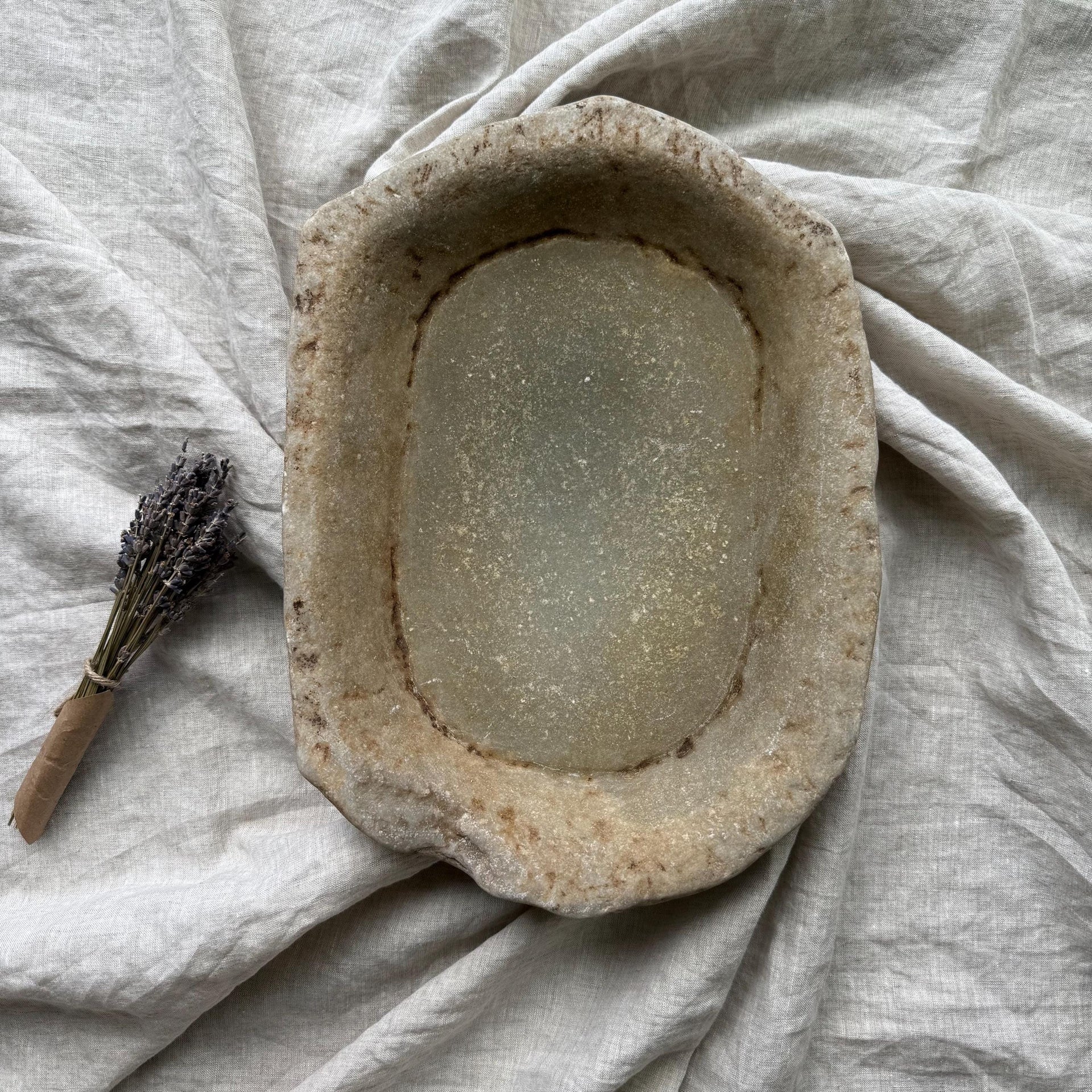 Vintage Marble Kharal Stone Tray, Antique Limestone Carved Oval Tray, Primitive Marble Centerpiece