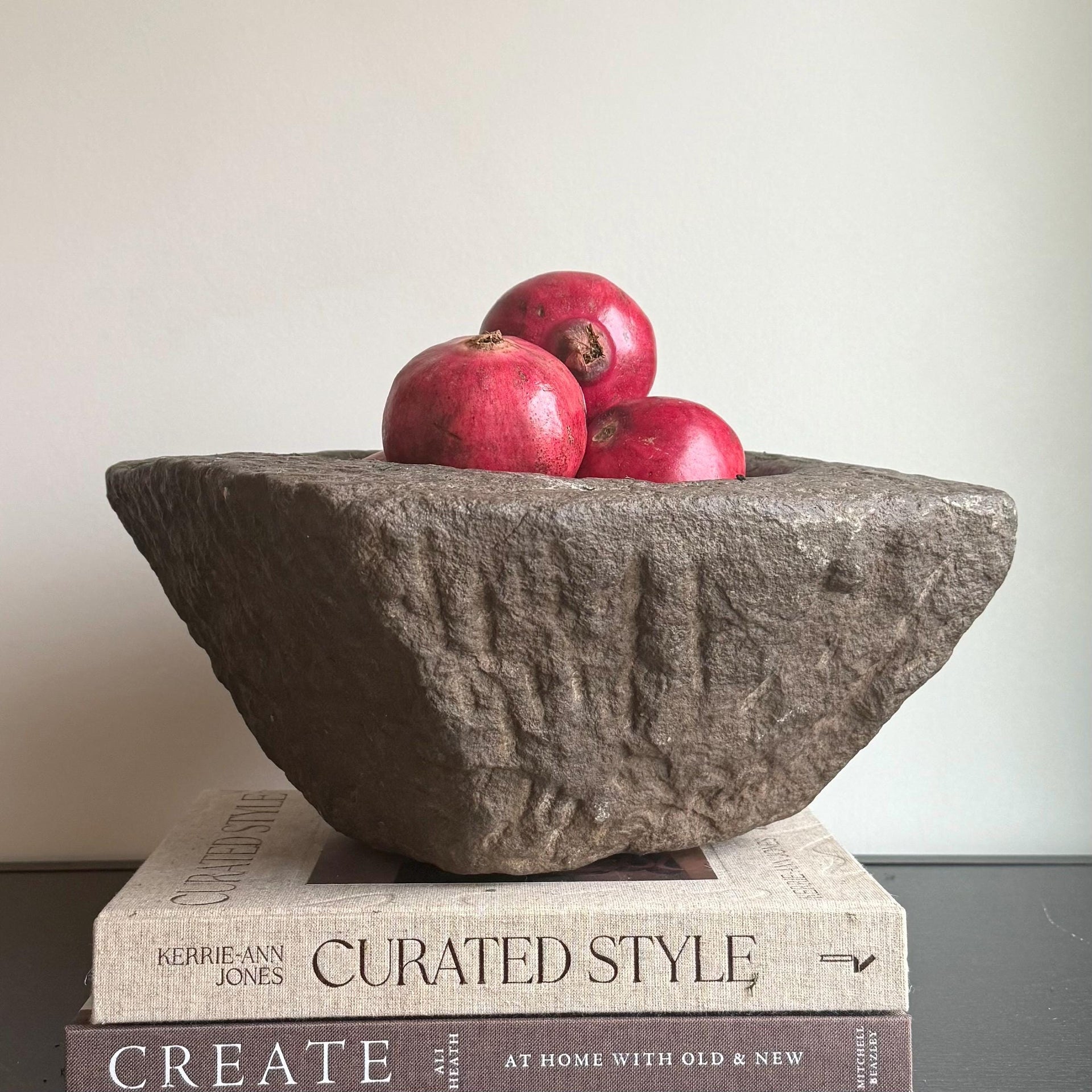 Antique Heavy Stone Mortar Planter | Vintage Hand-Carved Limestone Bowl