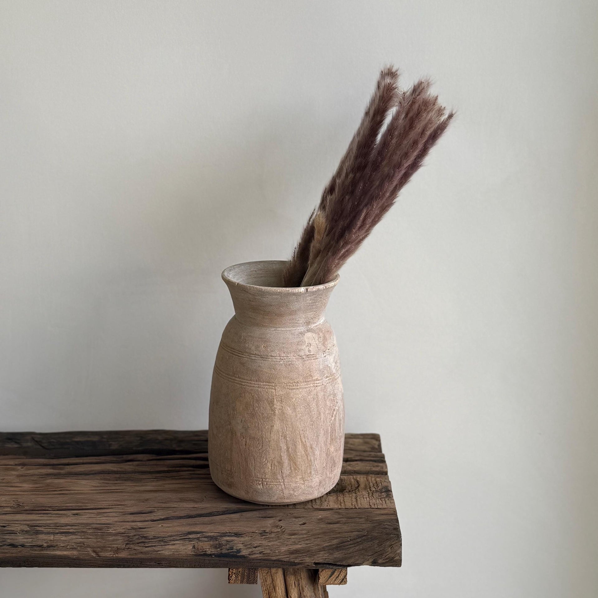 Antique Teak Wooden Vase | Vintage Beige Jug Pot | Rustic Wooden Vessel