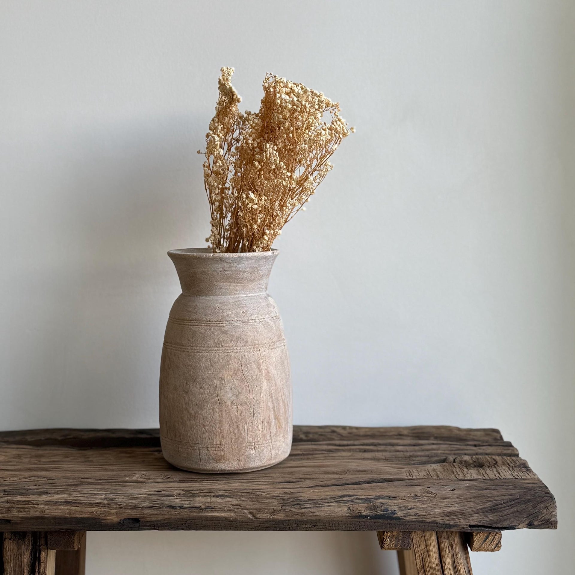 Antique Teak Wooden Vase | Vintage Beige Jug Pot | Rustic Wooden Vessel