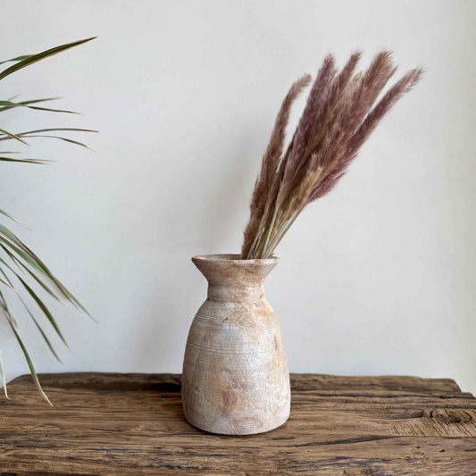 Antique Teak Wooden Vase | Vintage Beige Jug Pot | Rustic Wooden Vessel