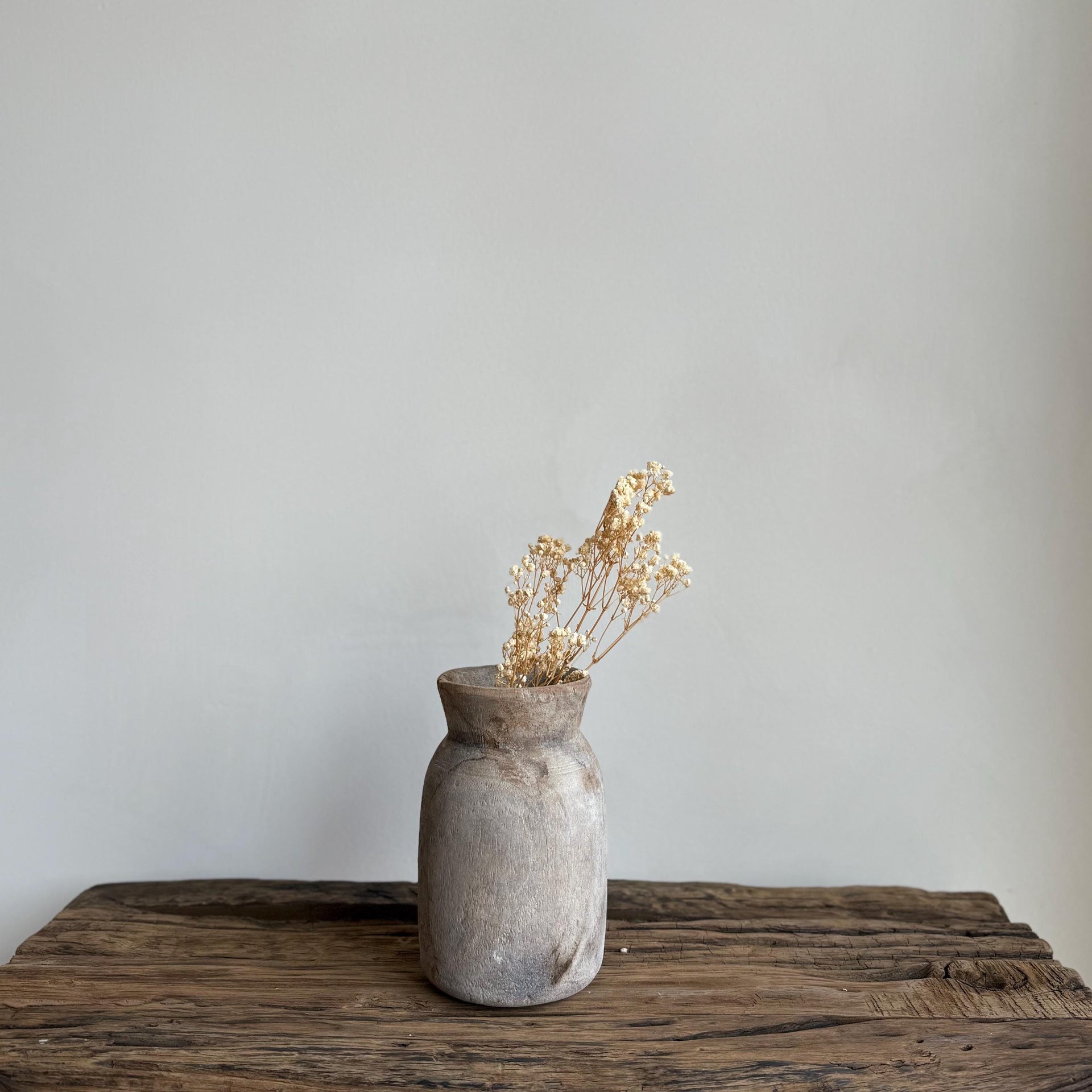 Antique Teak Wooden Vase | Vintage Beige Jug Pot | Rustic Wooden Vessel - Project Kalaā