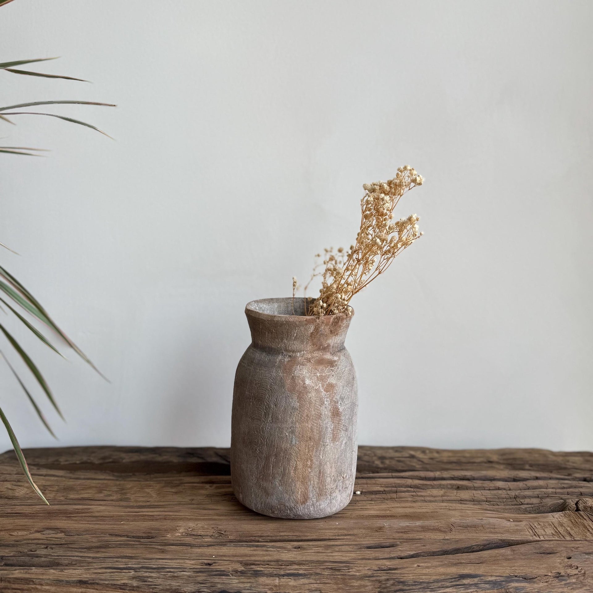 Antique Teak Wooden Vase | Vintage Beige Jug Pot | Rustic Wooden Vessel
