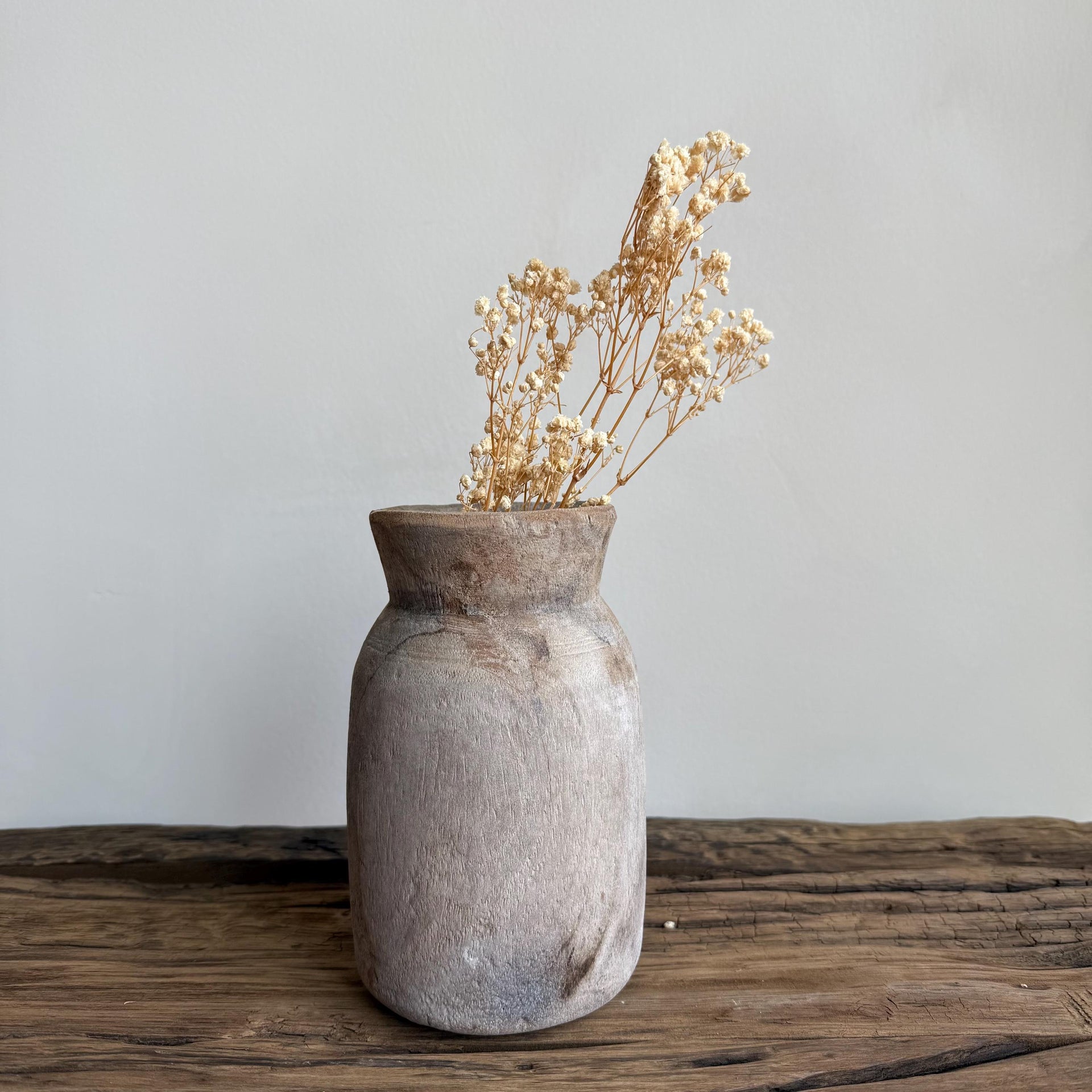 Antique Teak Wooden Vase | Vintage Beige Jug Pot | Rustic Wooden Vessel