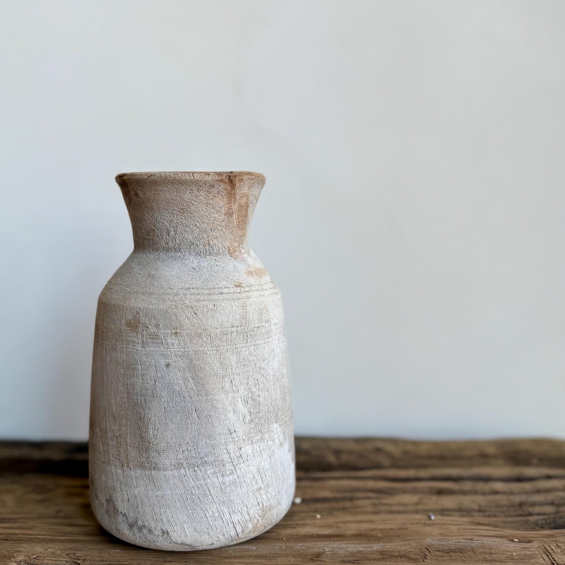 Antique Teak Wooden Vase | Vintage Beige Jug Pot | Rustic Wooden Vessel