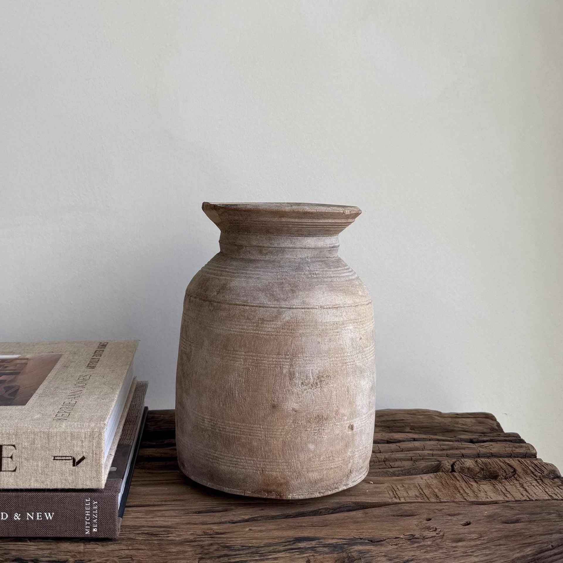 Antique Teak Wooden Vase | Vintage Beige Jug Pot | Rustic Wooden Vessel