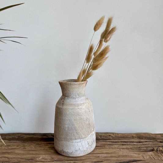 Antique Teak Wooden Vase | Vintage Beige Jug Pot | Rustic Wooden Vessel - Project Kalaā
