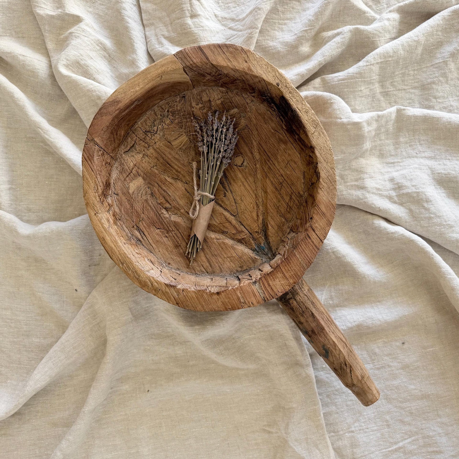 Vintage Hand Carved Teak Wood Dough Bowl with Handle | Rustic Parat Tray 19"