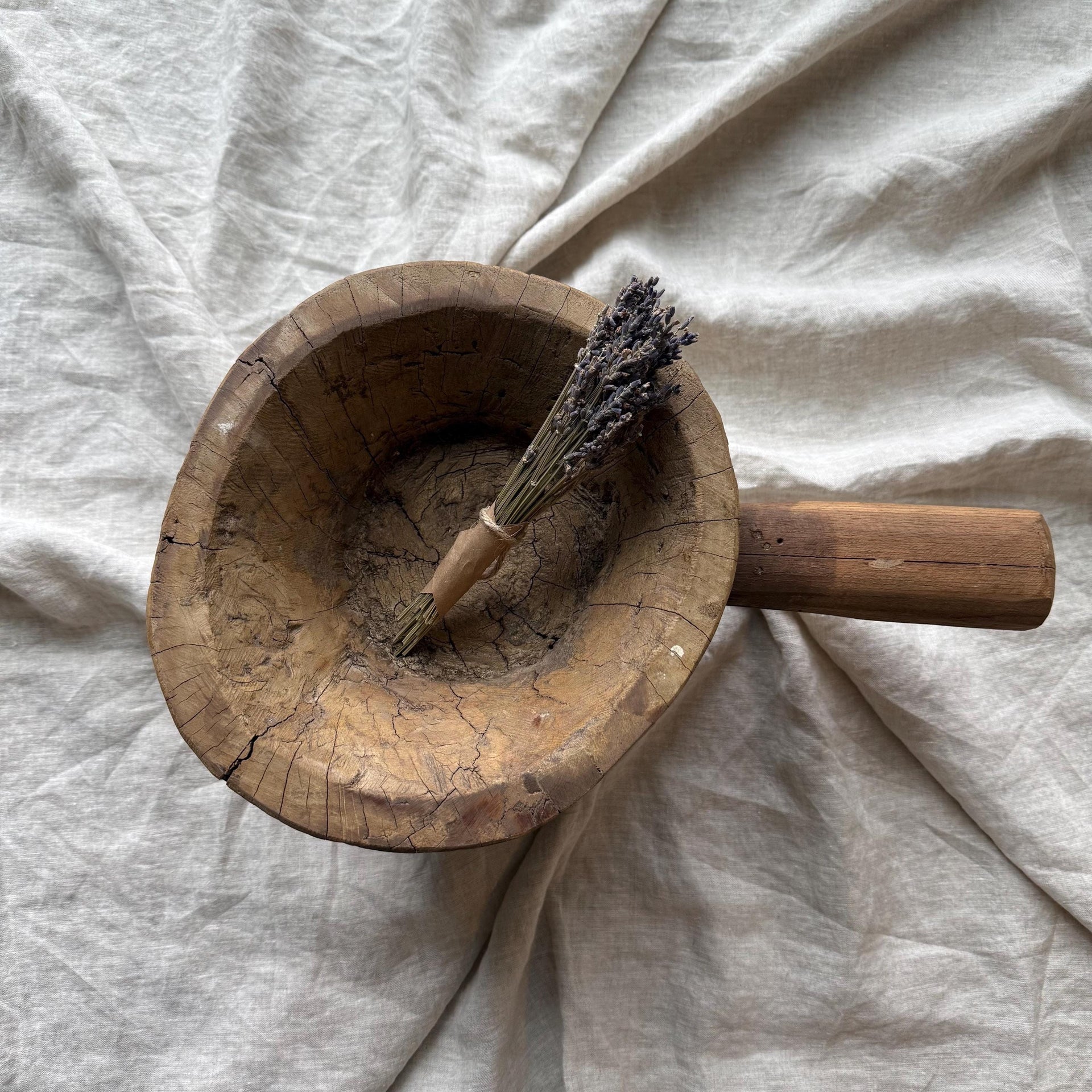 Antique Hand Carved Wooden Mortar | Vintage Rustic Grinder Bowl with Handle 14"