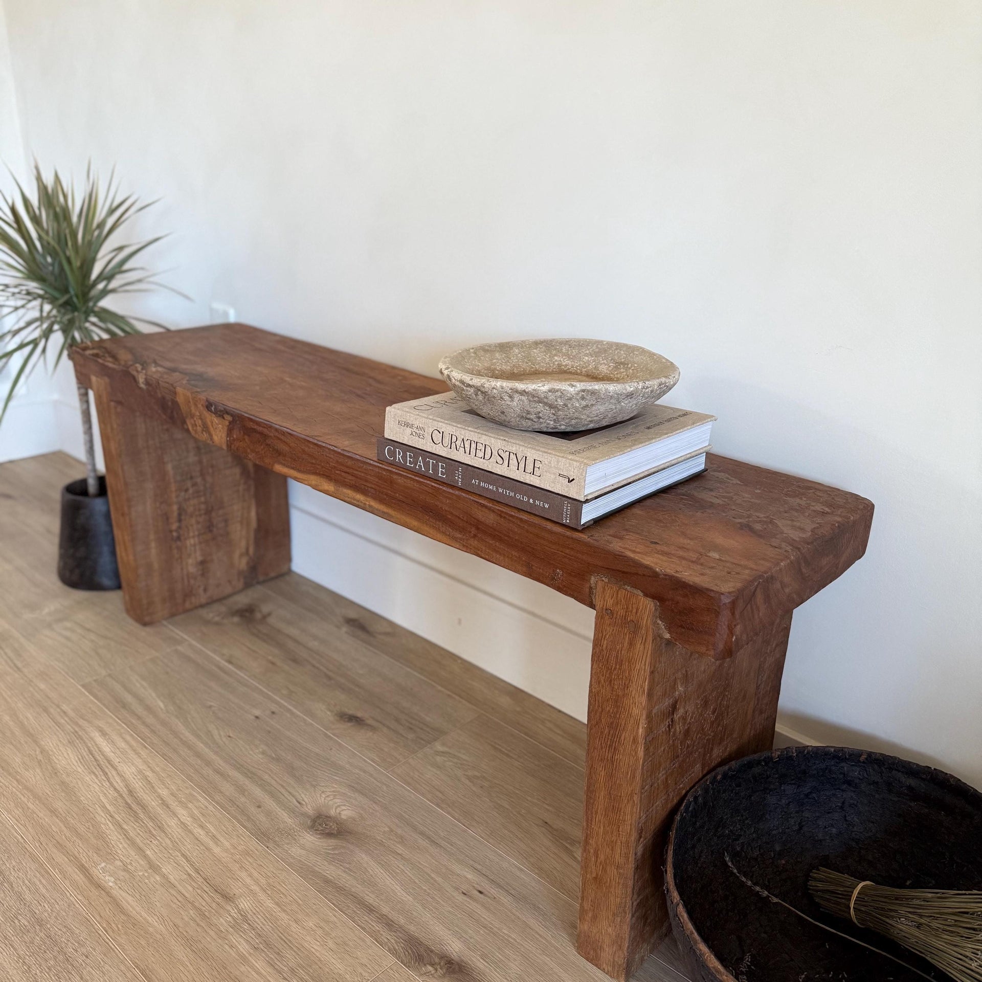 Vintage Teak Slab Farmhouse Bench  Handmade Heavy Wood Hallway Entryway Sofa Table