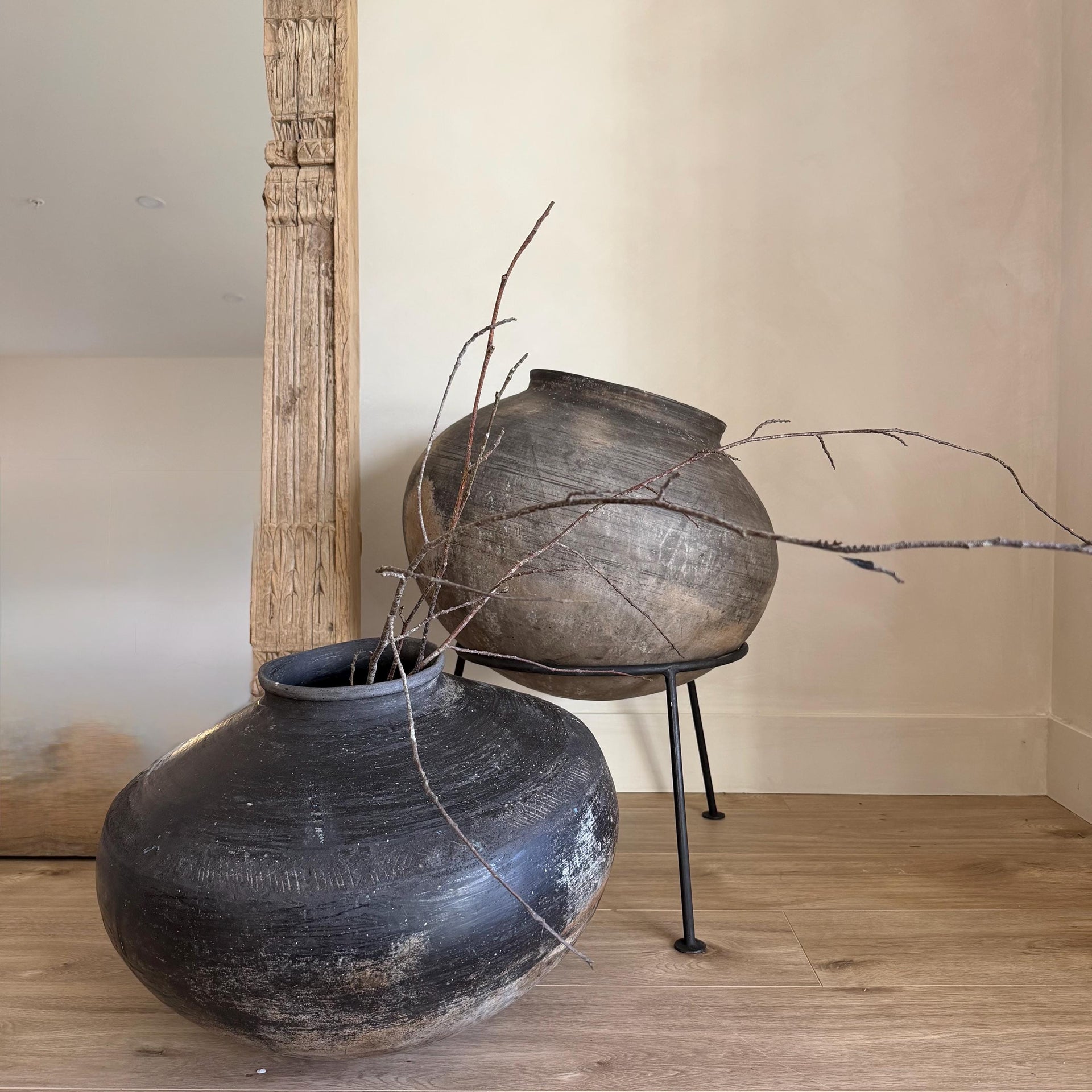 XL Vintage Clay Pot with Stand, Rustic 18" Floor Vase, Oversized Antique Plant Vessel, Handmade Earthenware Planter