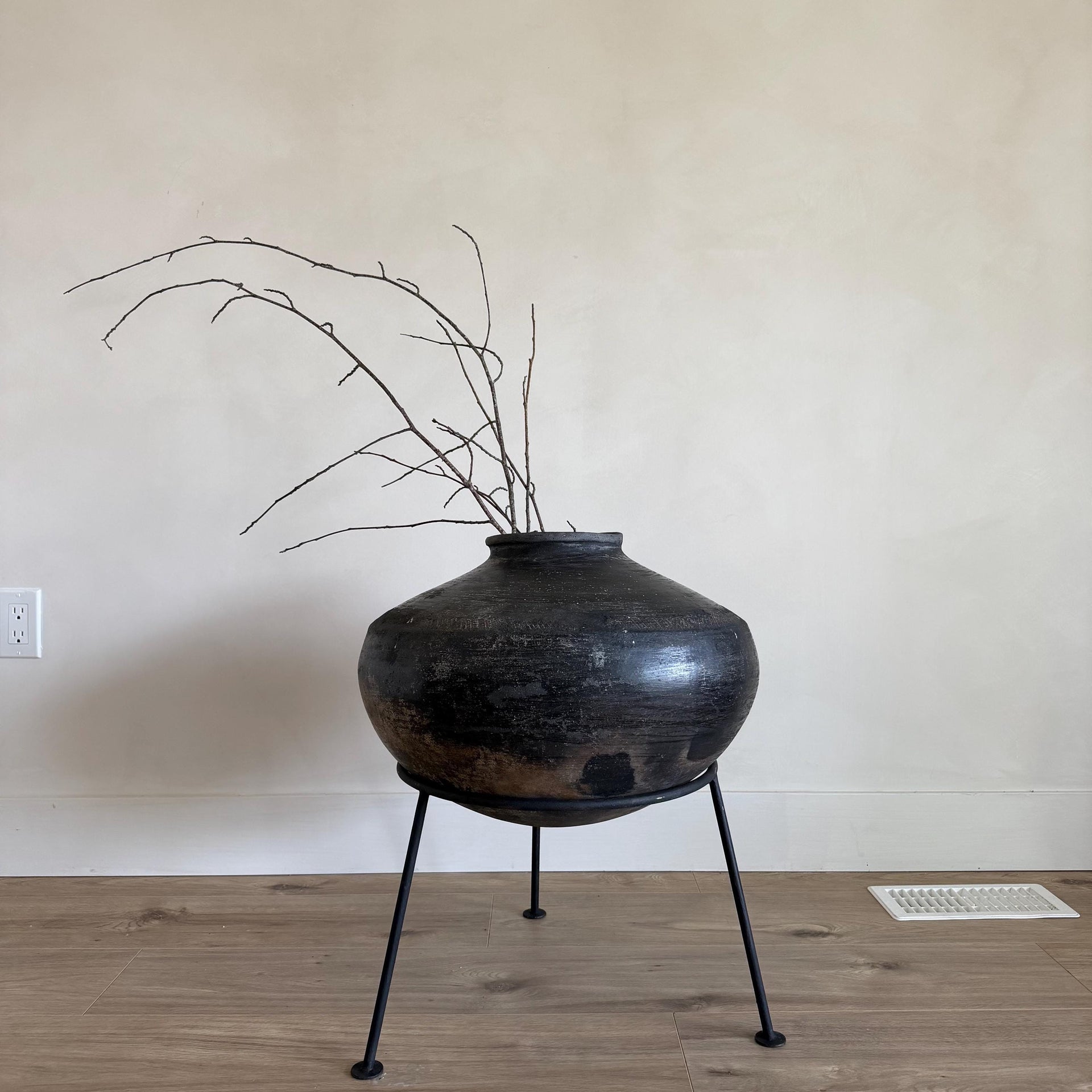 XL Vintage Clay Pot with Stand, Rustic 18" Floor Vase, Oversized Antique Plant Vessel, Handmade Earthenware Planter