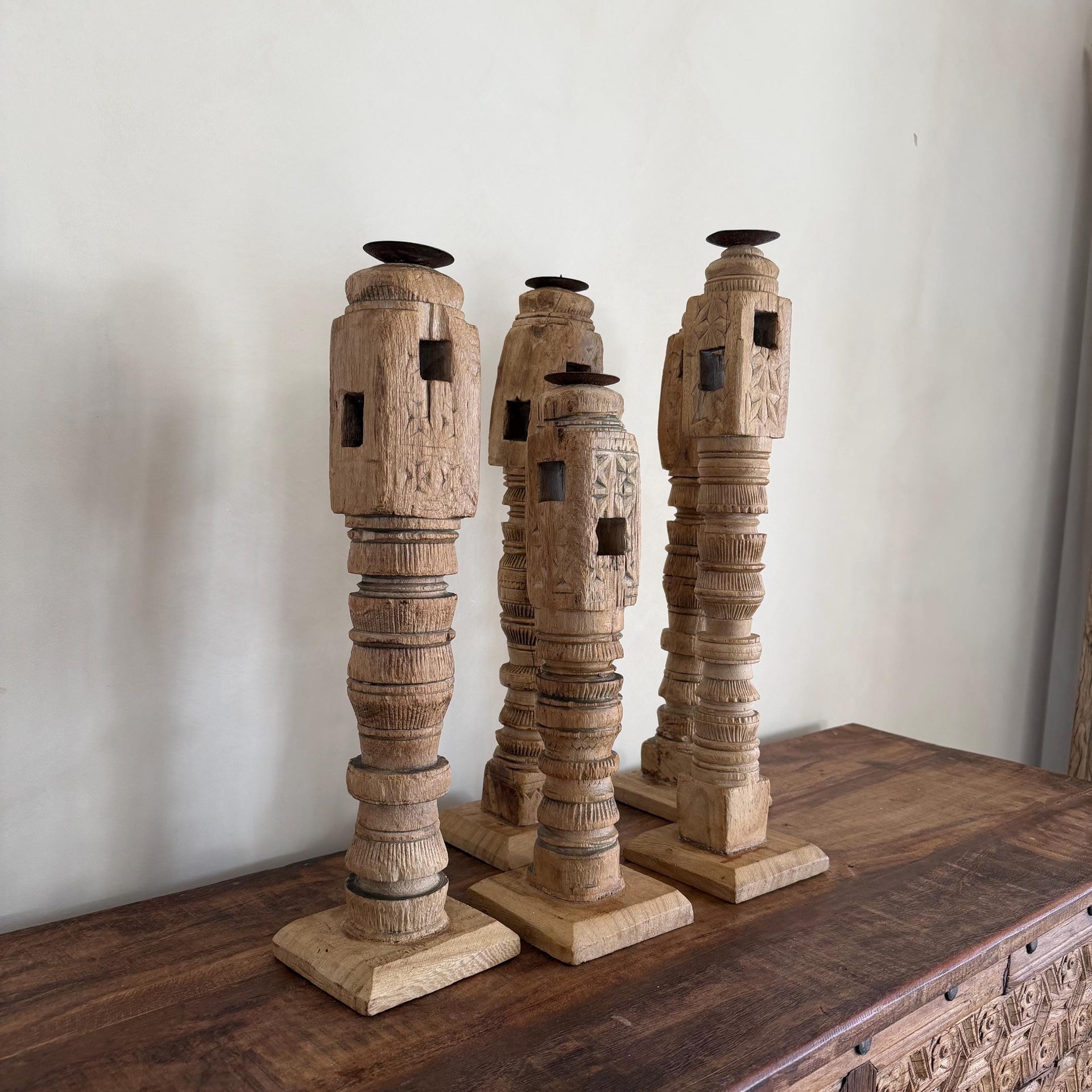 Vintage Carved Teak Wood Tall Candle Stick Holder - Project Kalaā