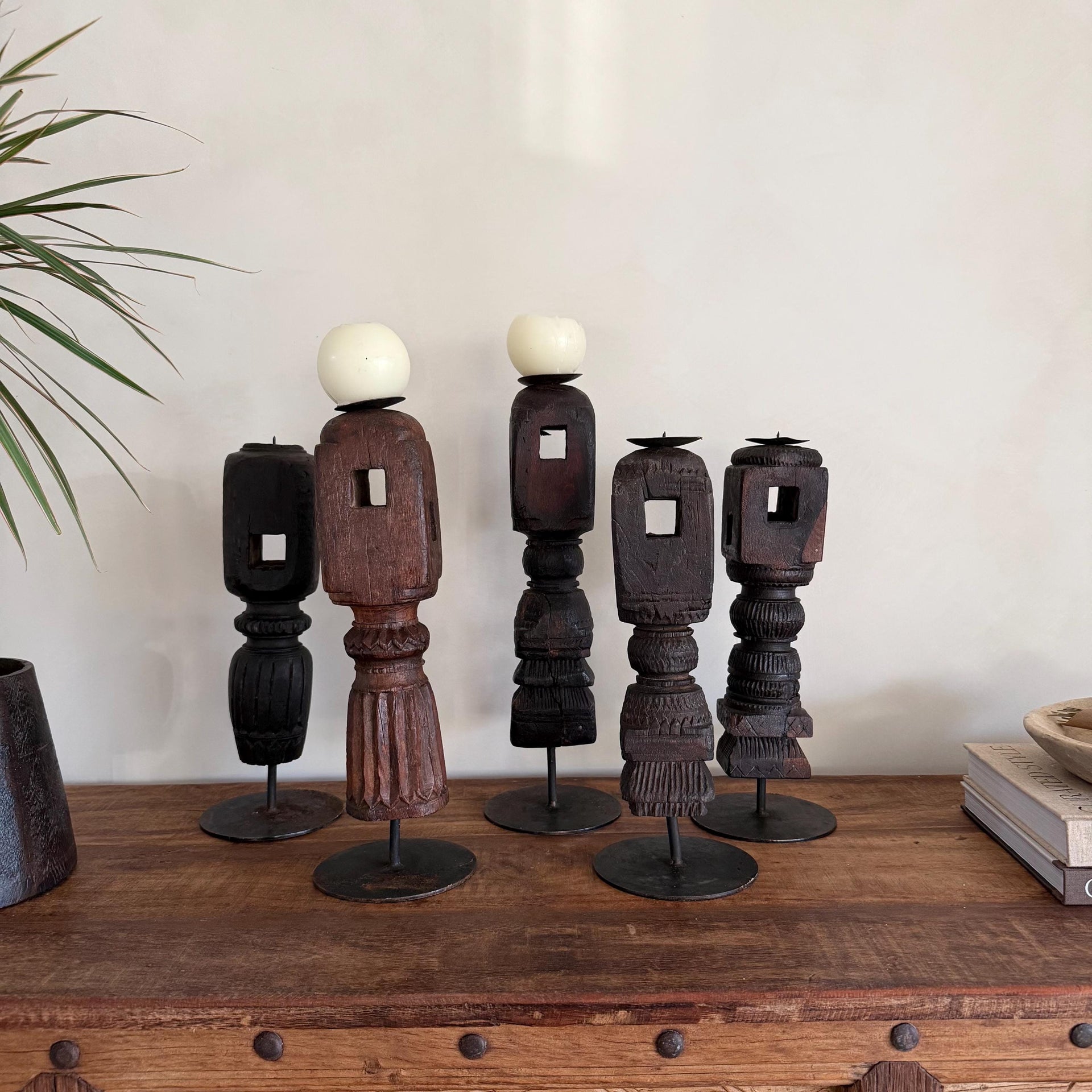 Vintage Carved Teak Dark Wood 17" Candle Stick Holder | Wabi Sabi Wooden Decor