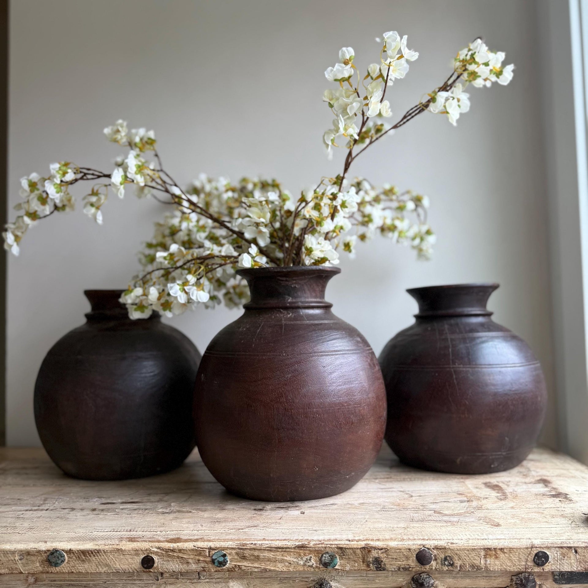 Vintage Wooden 10" Water Pot,  Hand Carved Wood Vase, Rustic Antique Planter ,Wabi Sabi Vessel