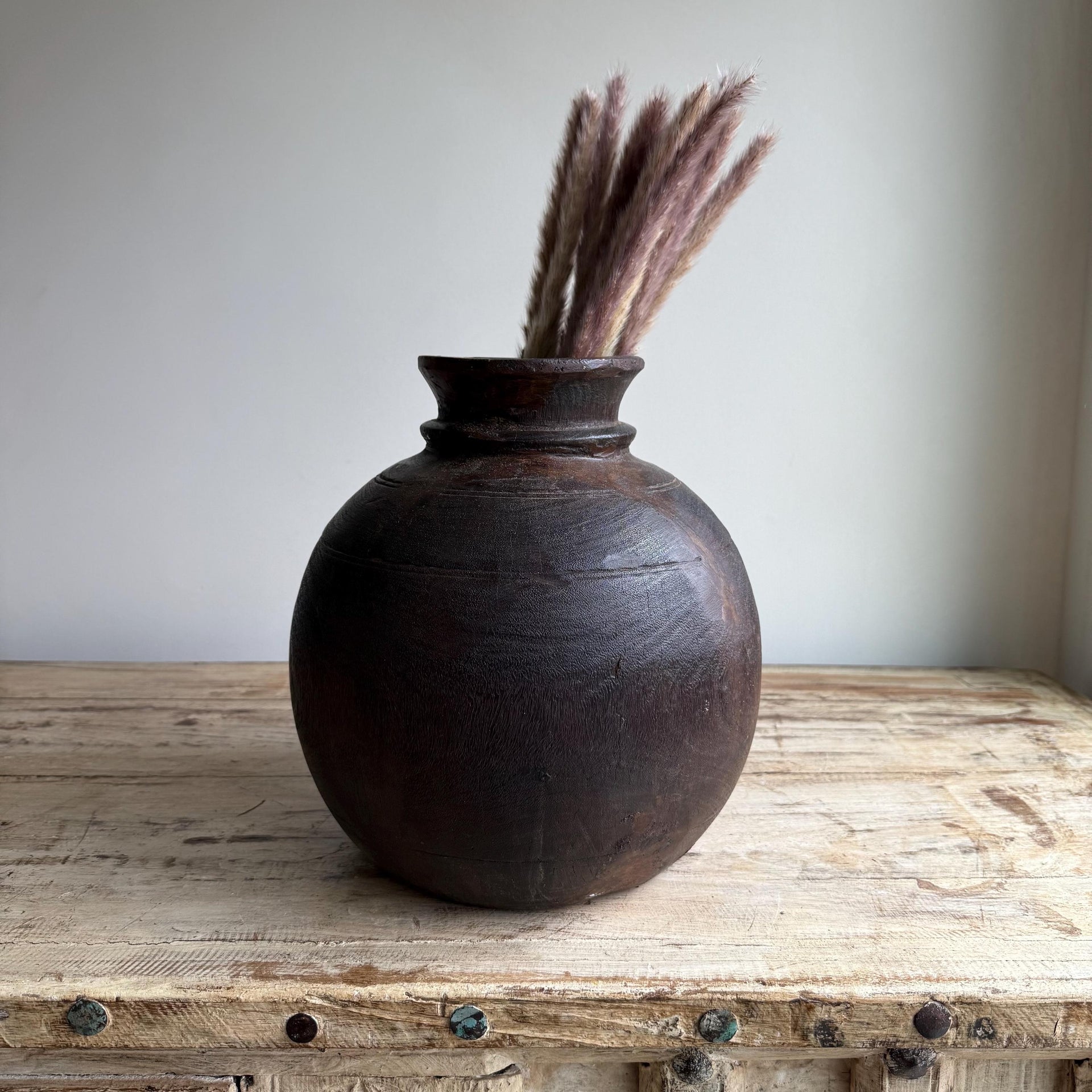 Vintage Wooden 11" Water Pot,  Hand Carved Wood Vase, Rustic Antique Planter ,Wabi Sabi Vessel