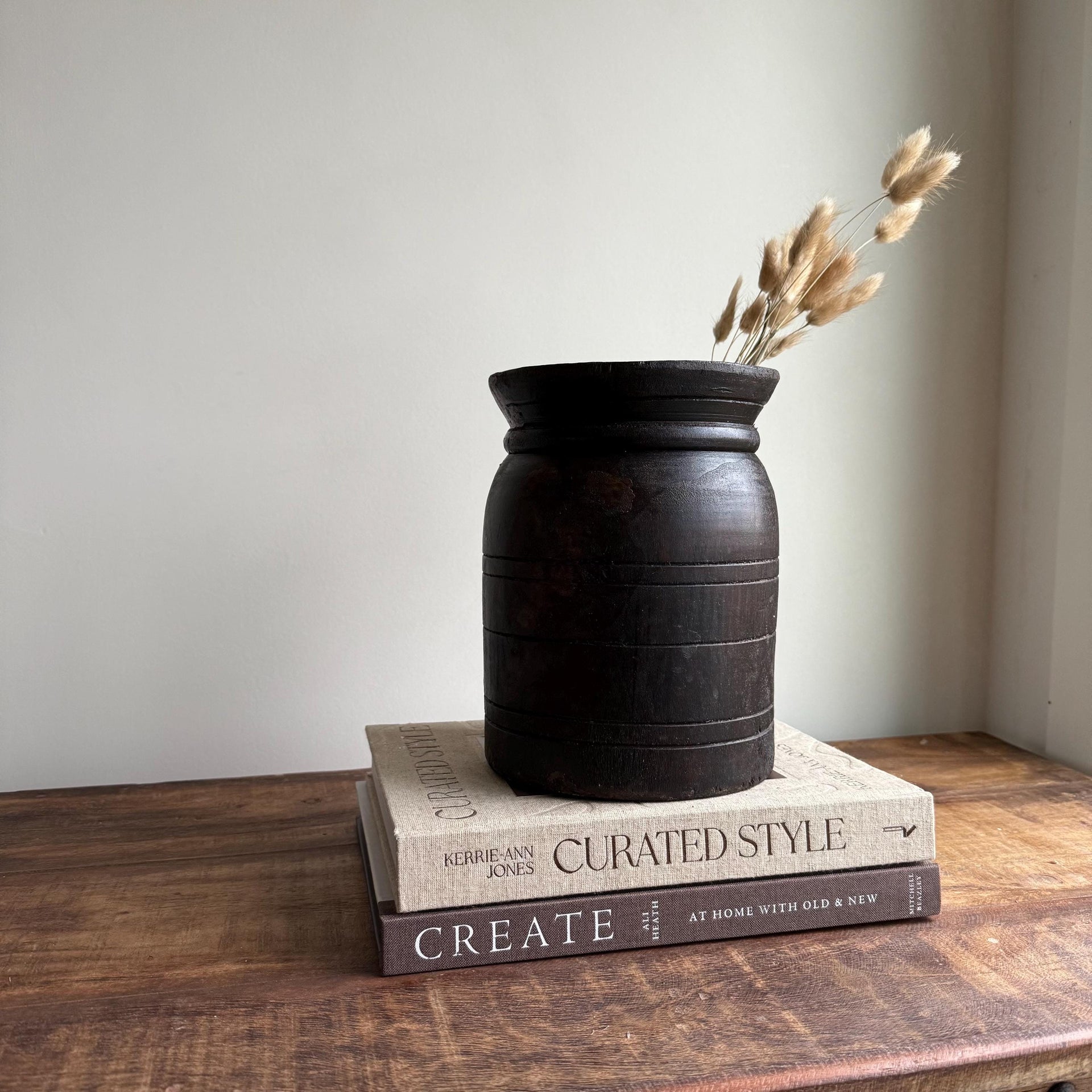 Vintage Wooden 9" Planter, Rustic Teak Pot, Antique Wooden Vase, Wabi Sabi Decor