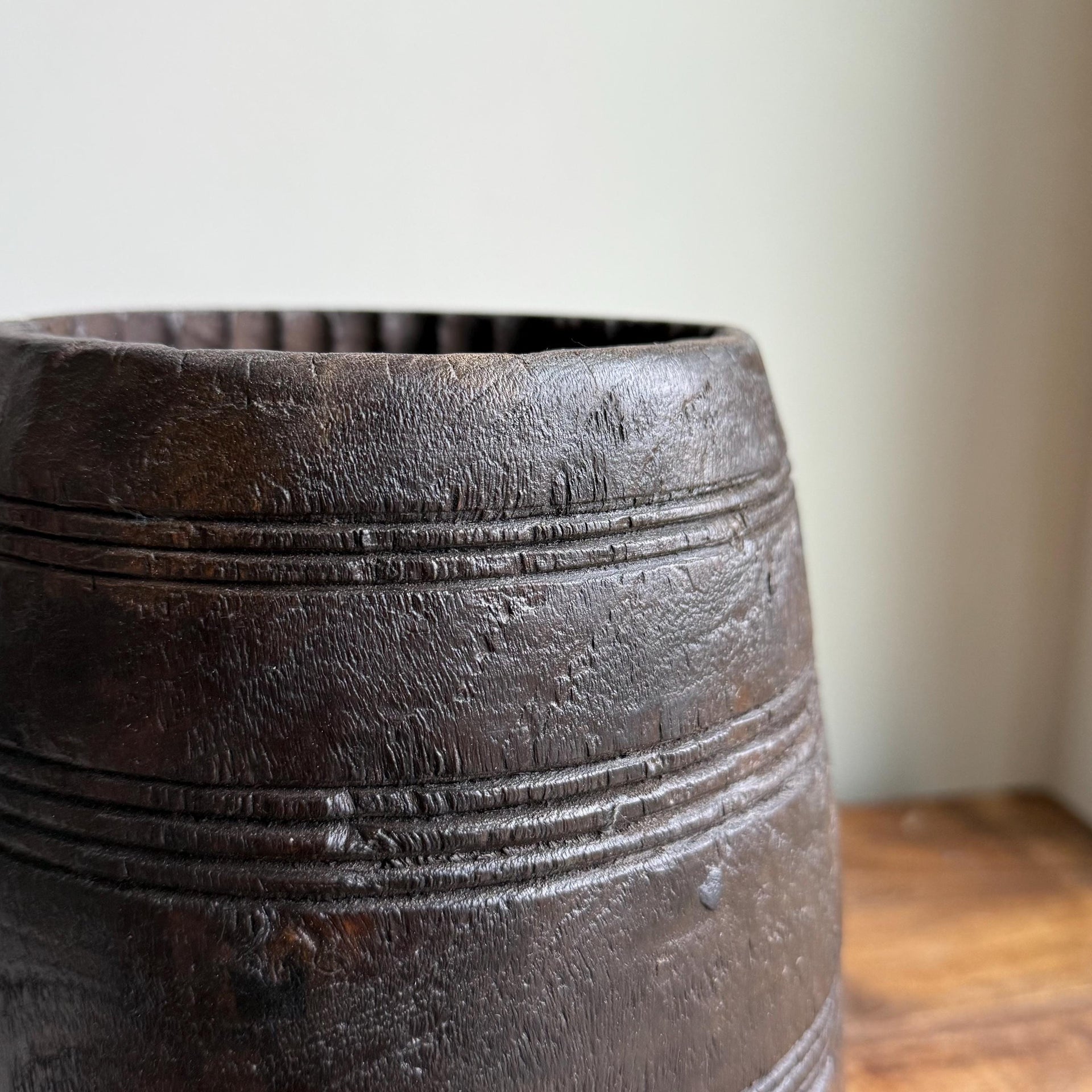 Vintage Wooden 9" Planter, Rustic Teak Pot, Antique Wooden Vase, Wabi Sabi Decor