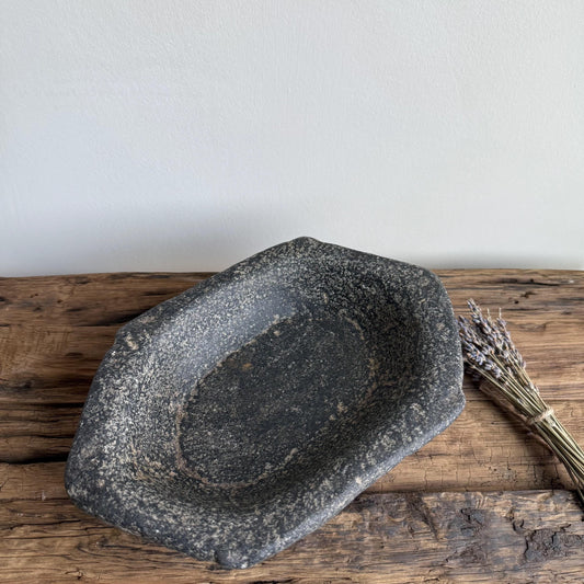 Vintage Marble Kharal 10.5"  Stone Tray, Antique Limestone Carved Oval Tray, Primitive Stone Centerpiece - Project Kalaā