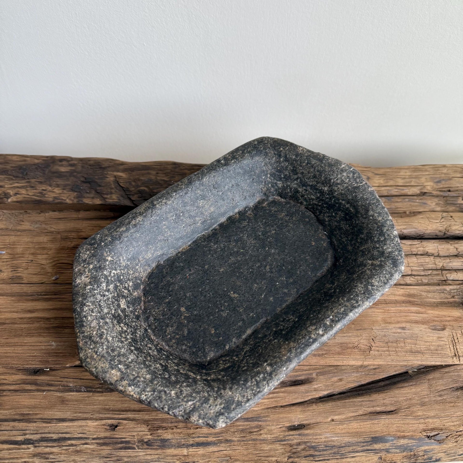 Vintage Marble Kharal 9" Stone Tray, Antique Limestone Carved Oval Tray, Primitive Stone Centerpiece