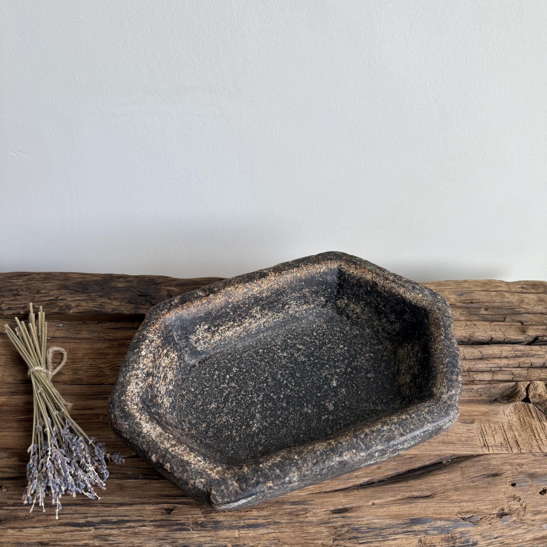 Vintage Marble Kharal 11" Stone Tray, Antique Limestone Carved Oval Tray, Primitive Stone Centerpiece