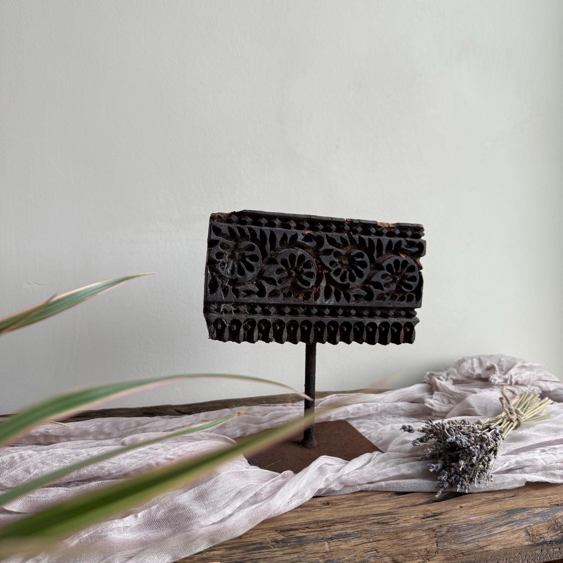 Vintage Teak Wood Textile Block 7.5" Stamp on Stand