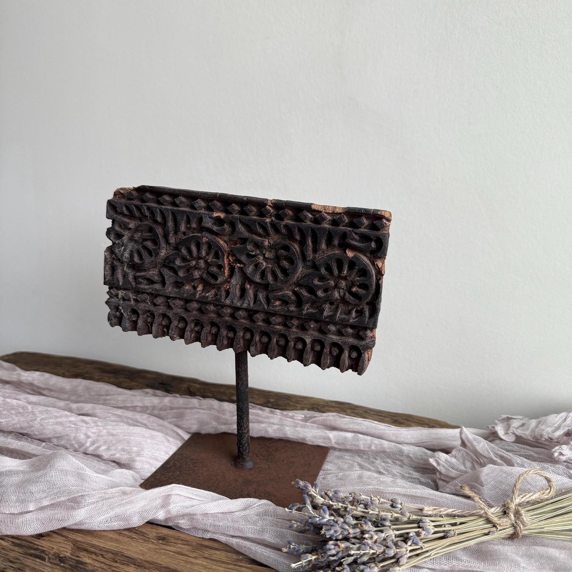 Vintage Teak Wood Textile Block 7.5" Stamp on Stand - Project Kalaā