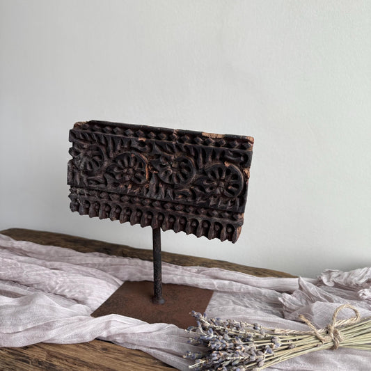 Vintage Teak Wood Textile Block 7.5" Stamp on Stand - Project Kalaā