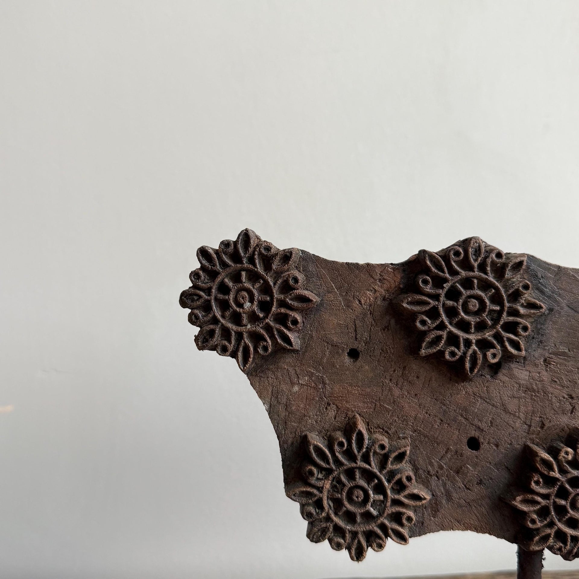 Vintage Teak Wood Textile Block 7.8" Stamp on Stand