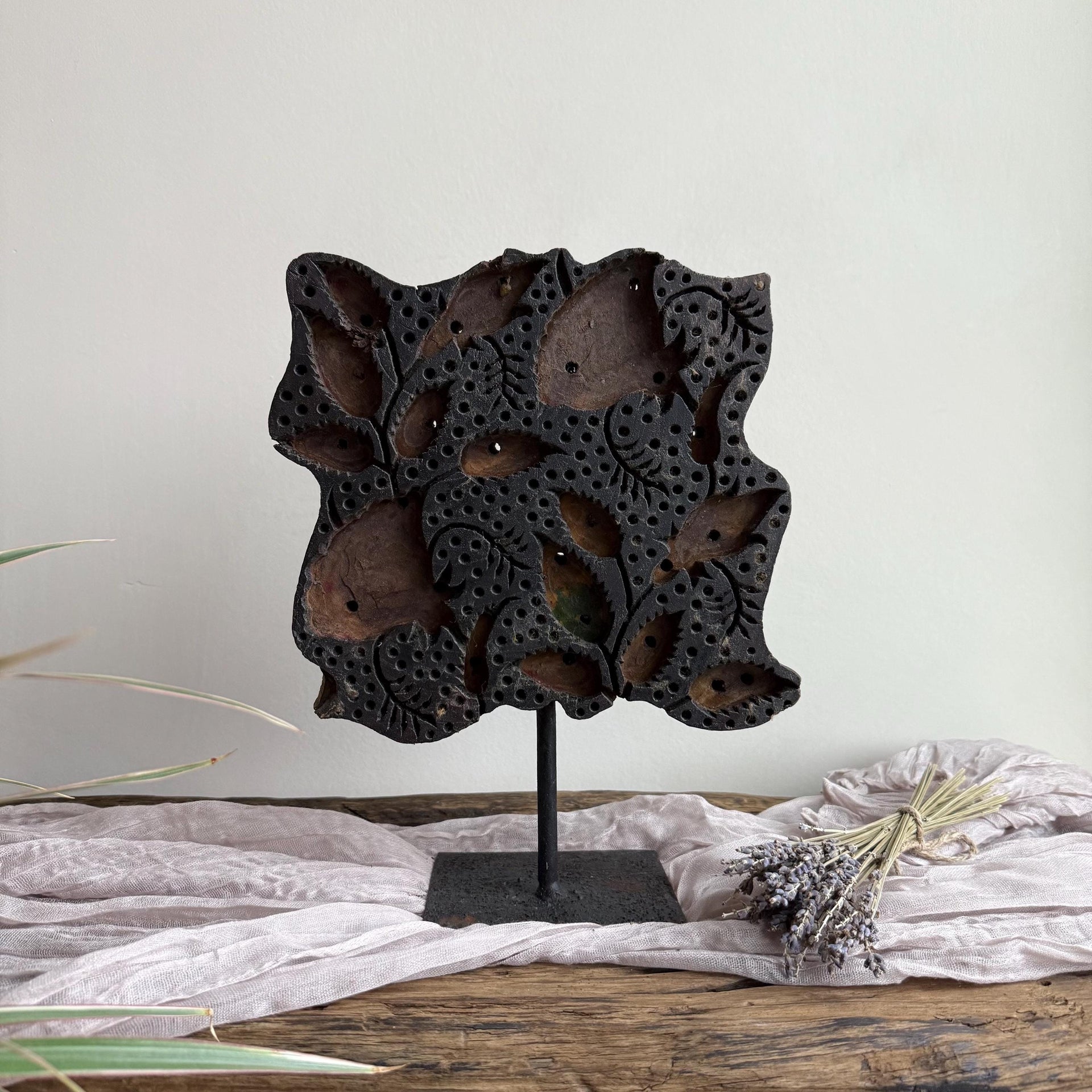 Vintage Teak Wood Textile Block 10.5" Stamp on Stand