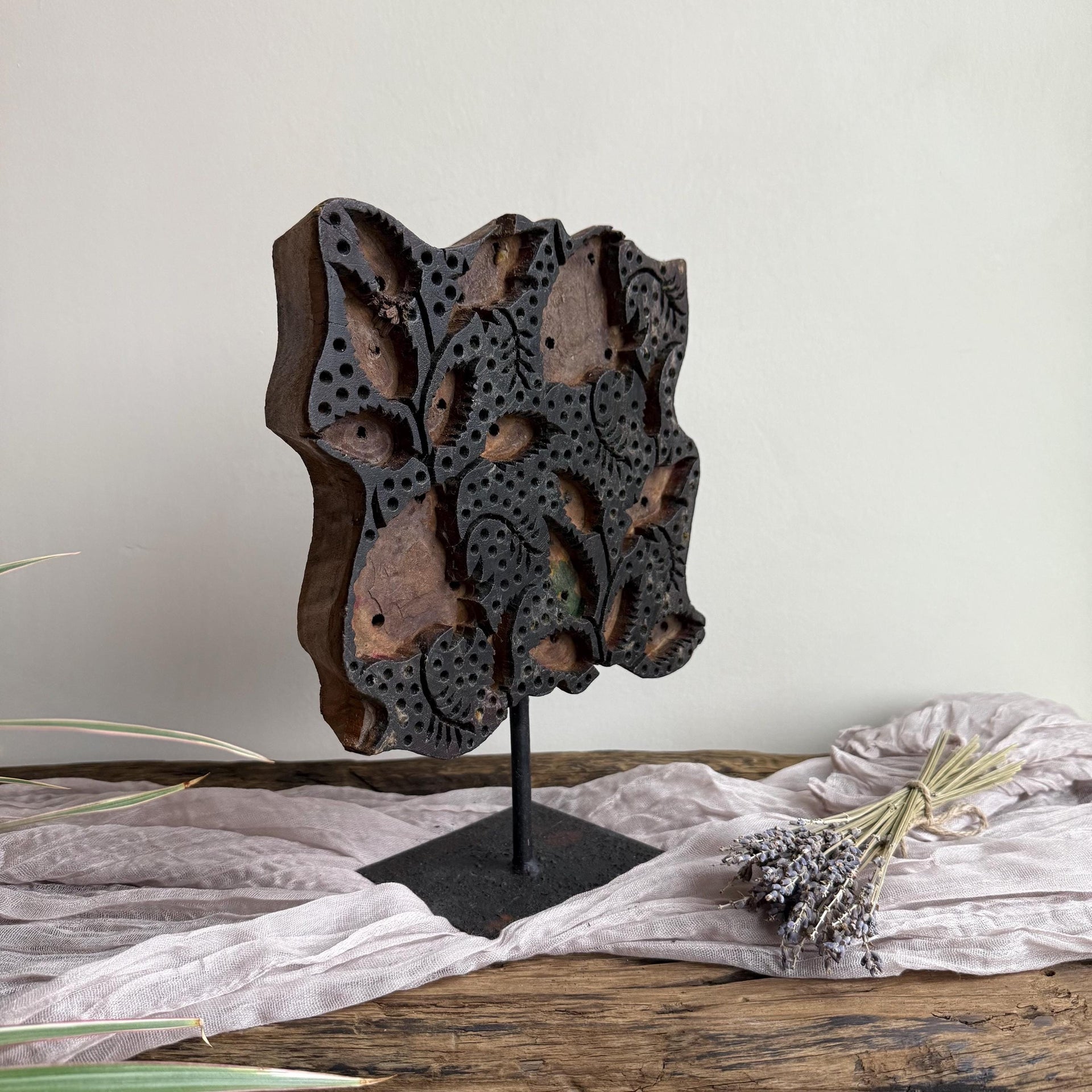Vintage Teak Wood Textile Block 10.5" Stamp on Stand