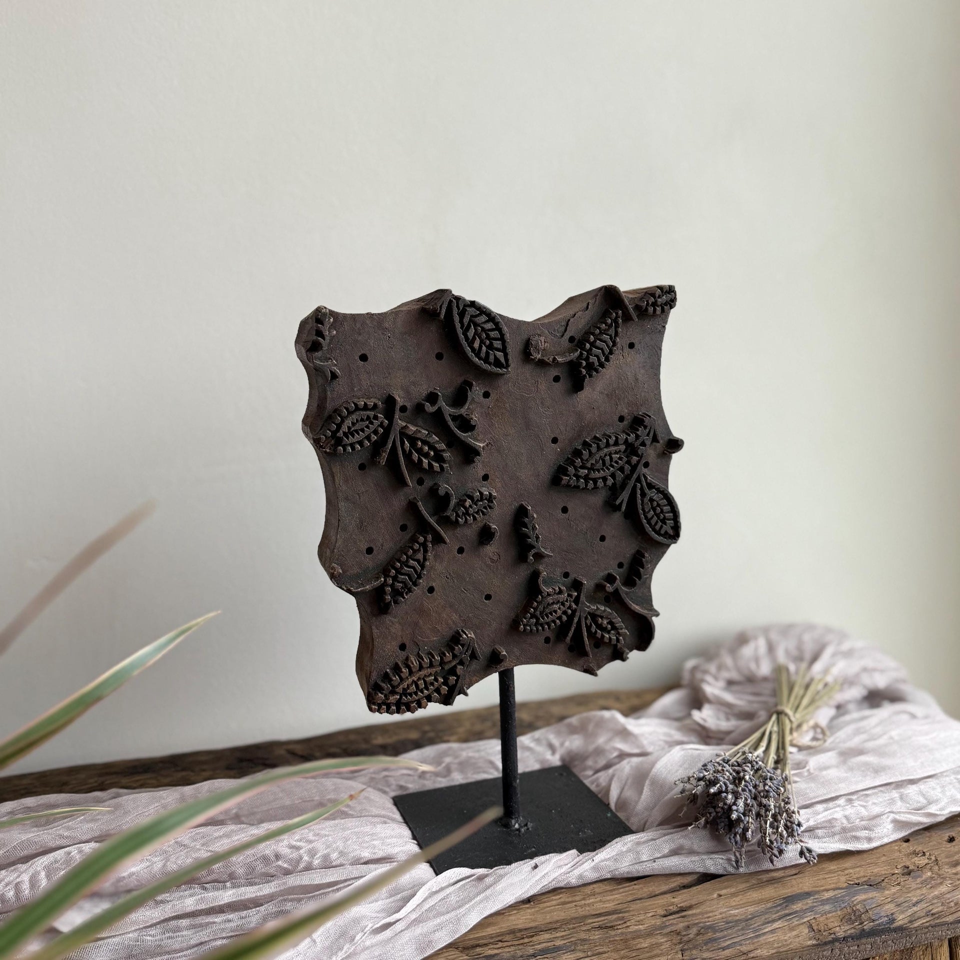 Vintage Teak Wood Textile Block 10.5" Stamp on Stand
