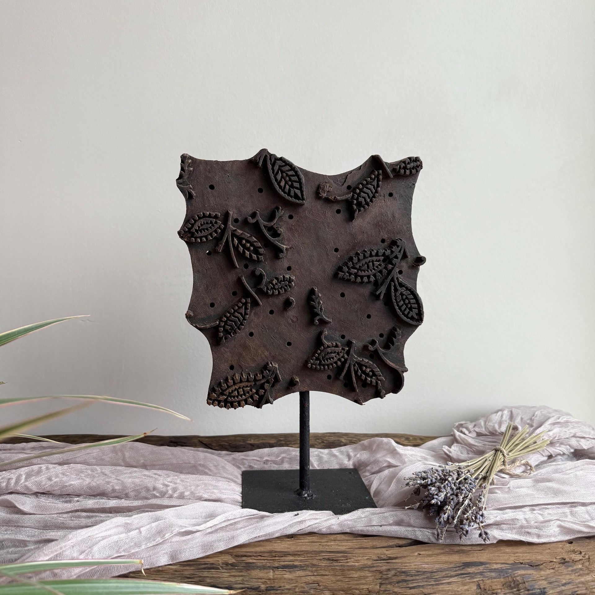 Vintage Teak Wood Textile Block 10.5" Stamp on Stand