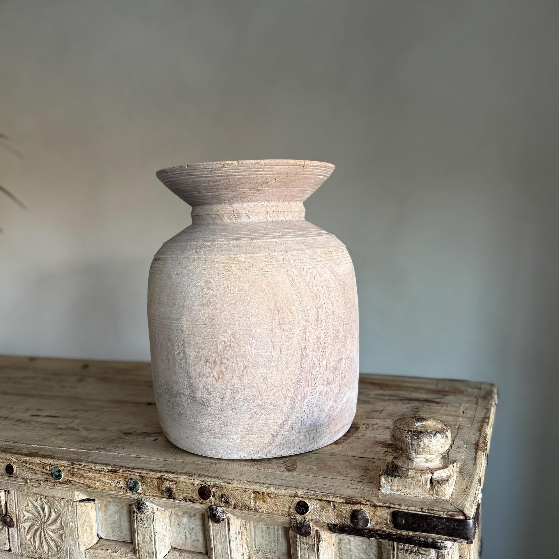 Extra Large Antique Teak Wood Vase 14" | Vintage Bleached Vessel | Hand Carved Wabi Sabi Jar