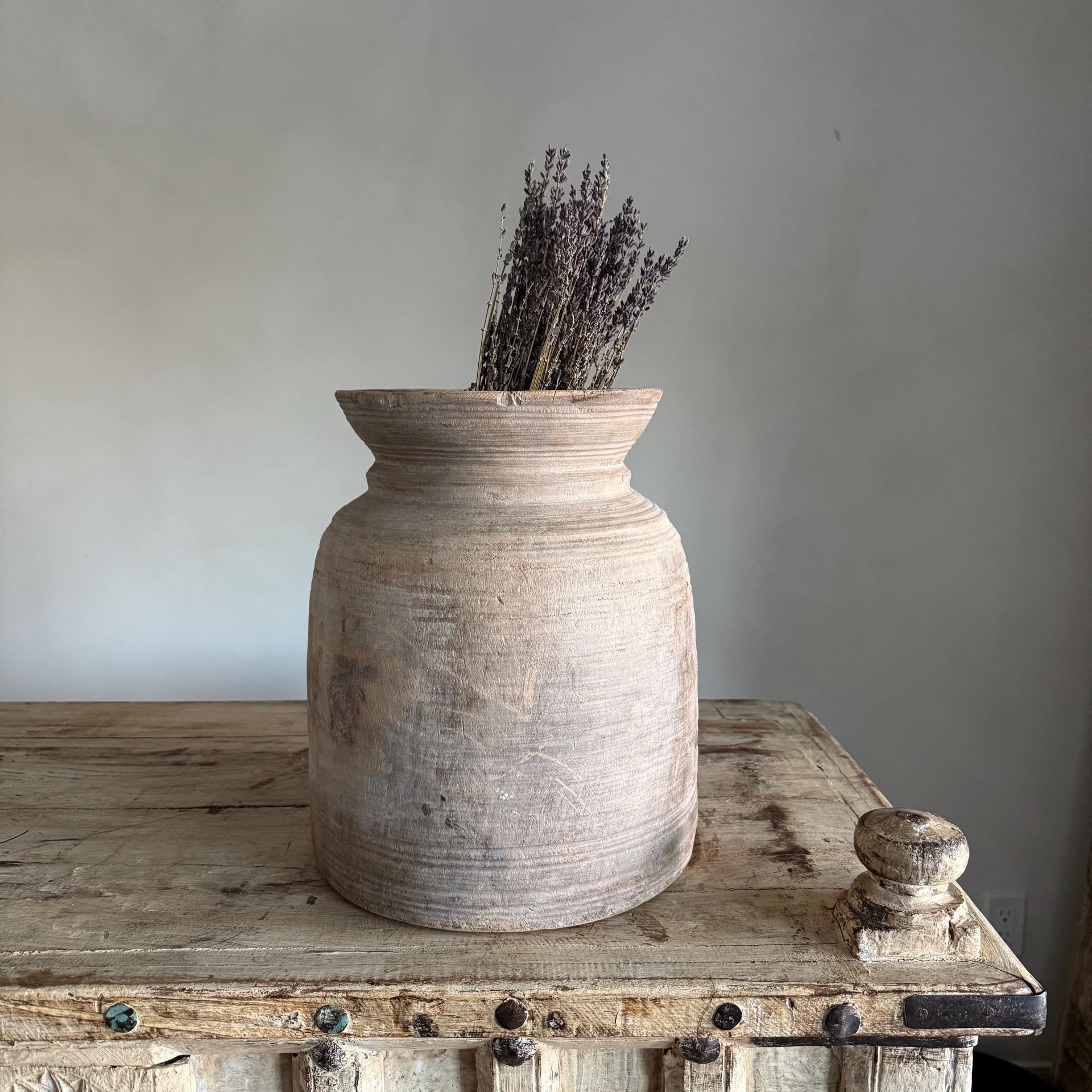 Large Antique Teak Wood Vase 12.5" | Vintage Bleached Vessel | Hand Carved Wabi Sabi Jar