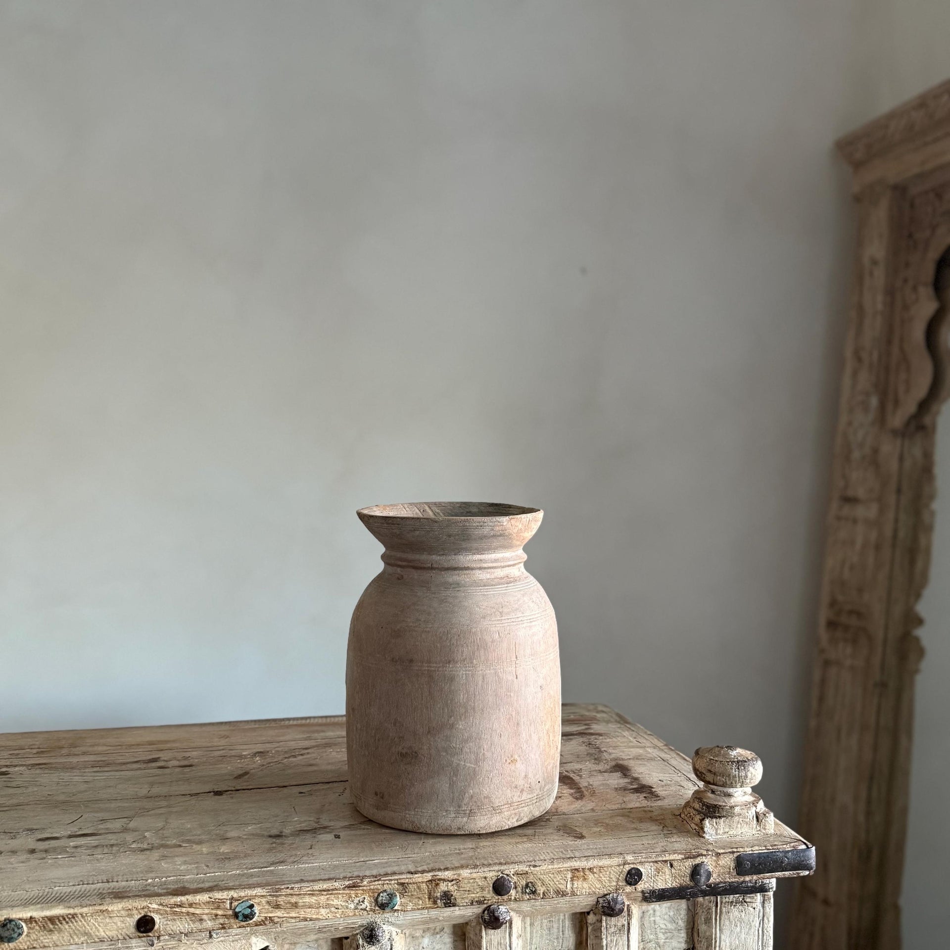 Large Antique Teak Wood Vase 11" | Vintage Bleached Vessel | Hand Carved Wabi Sabi Jar