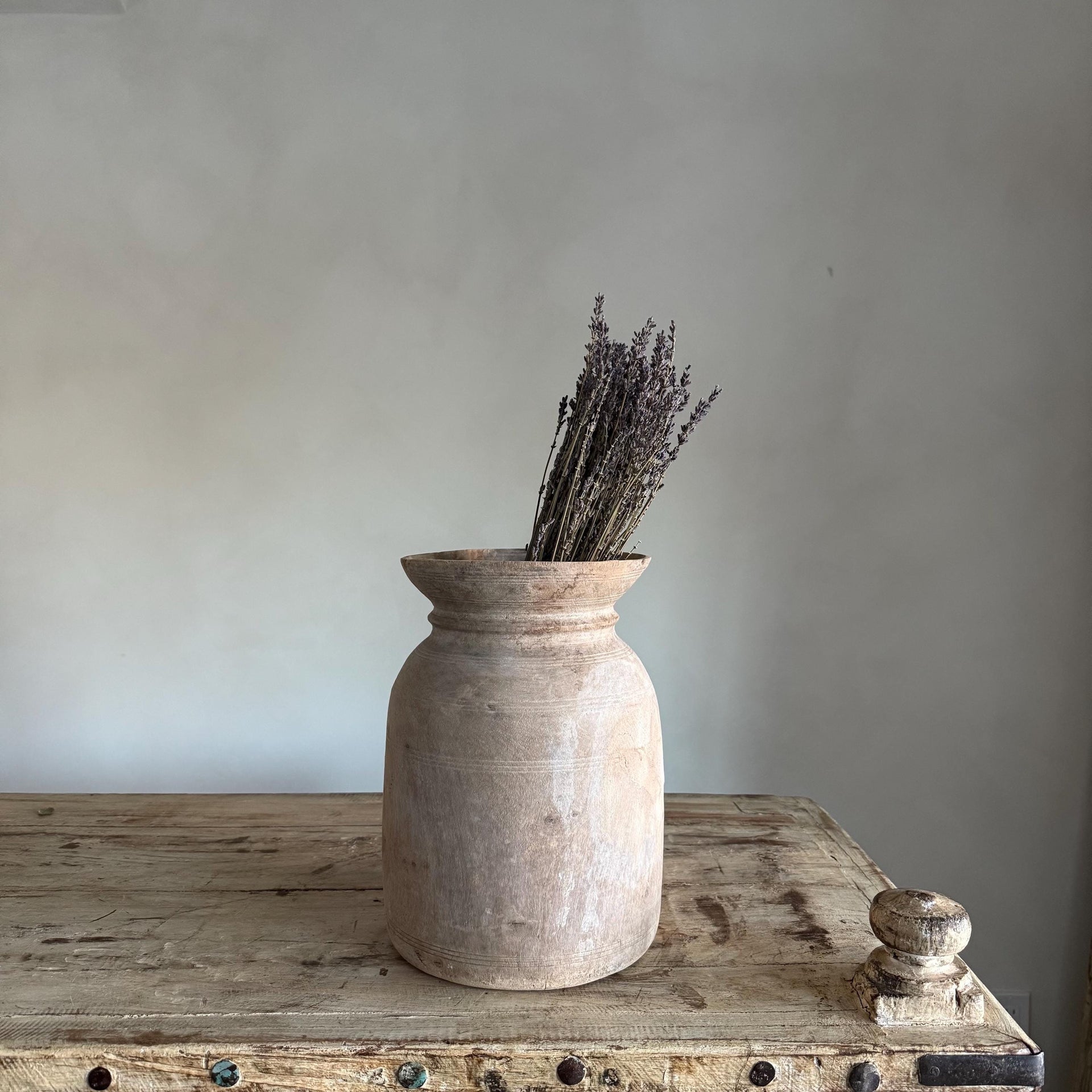 Large Antique Teak Wood Vase 11" | Vintage Bleached Vessel | Hand Carved Wabi Sabi Jar