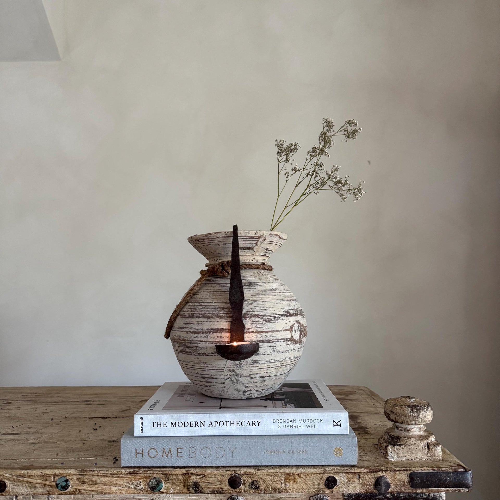 Vintage Wooden Matka Water Pot with Iron Tealight Spoon | Rustic Whitewashed Vase | Organic Wabi Sabi Decor