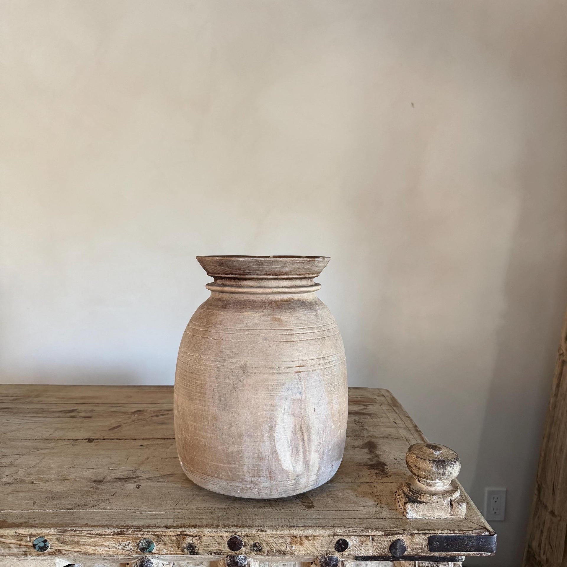 Large Antique Teak Wood Vase 11.5" | Vintage Bleached Vessel | Hand Carved Wabi Sabi Jar