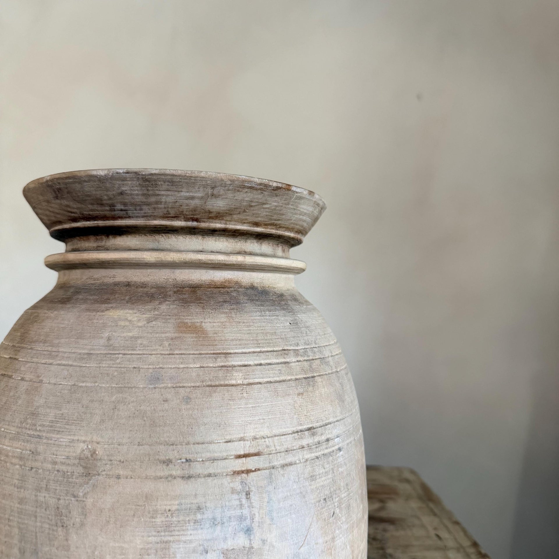 Large Antique Teak Wood Vase 11.5" | Vintage Bleached Vessel | Hand Carved Wabi Sabi Jar - Project Kalaā